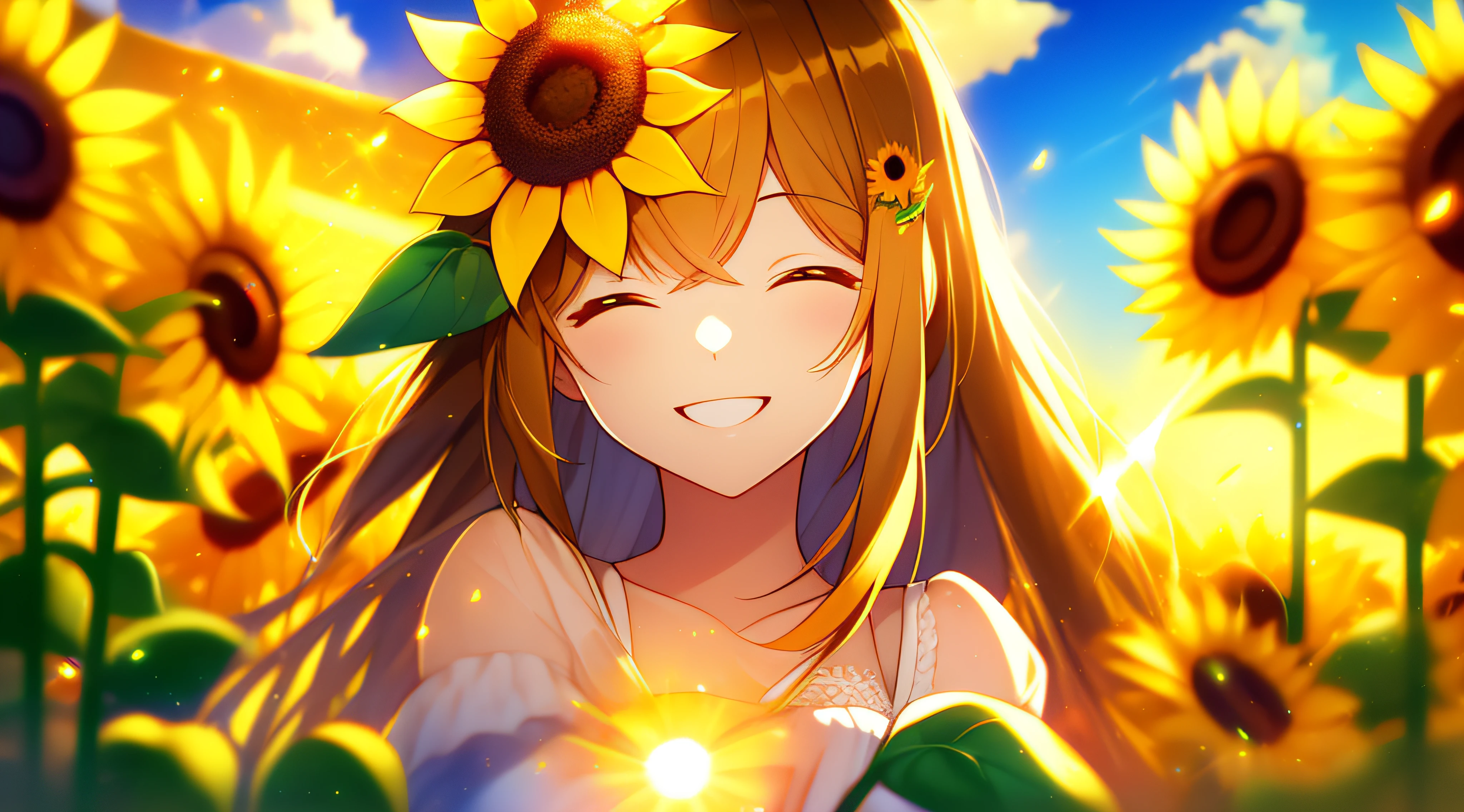 sunflowers fields、sun goddess、A big smile、Beautiful sunflower、ren、twinkle、suns、stele、shimmer、optic、a smile