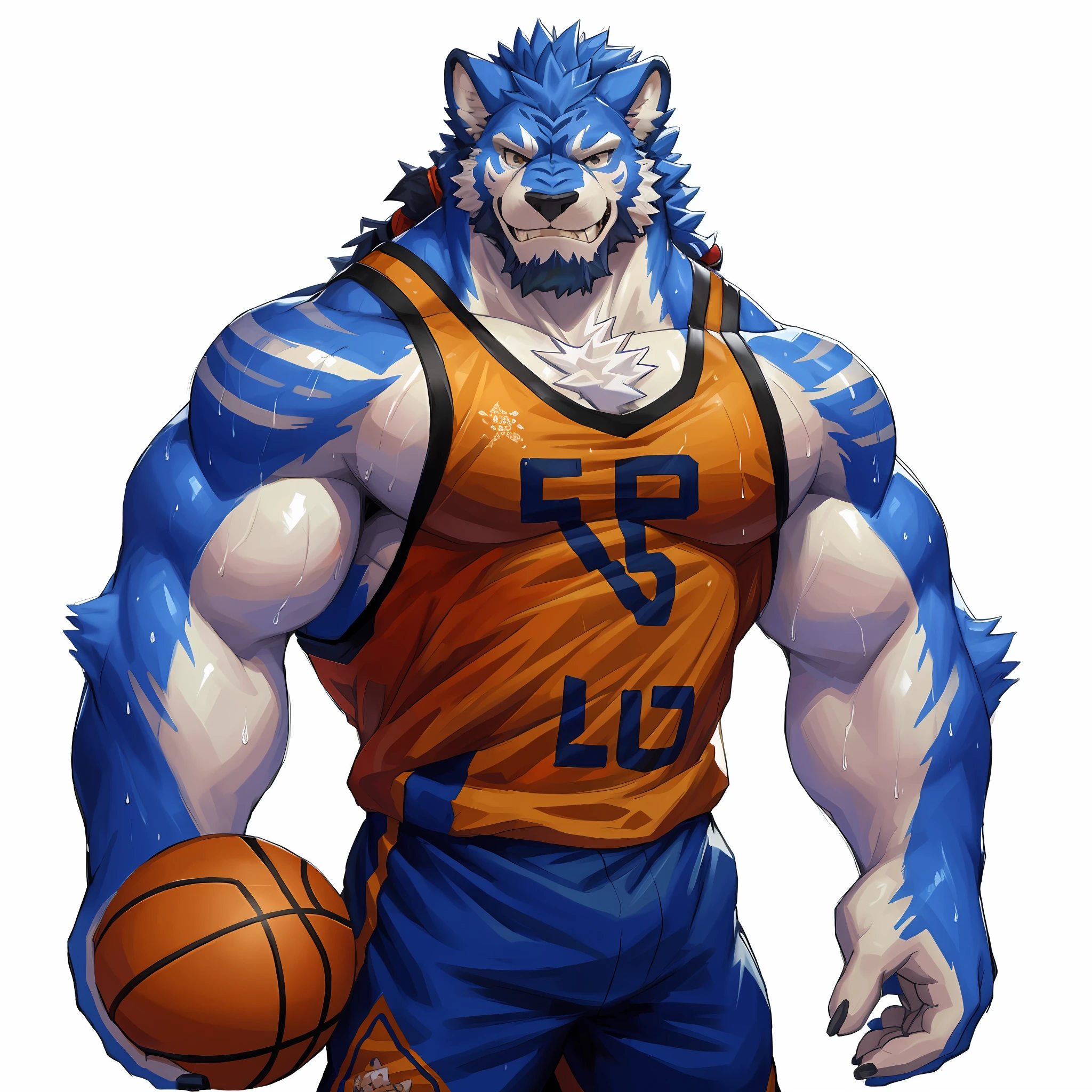 ((1guy))， 独奏， looking at viewert， 夏天， ssmile，Muscle men，sbeard，Middle Age，quality，full-color，extremy detailed，Exquisite painting style,tank top, basketball, sweat, wet, big biceps, big pecs.