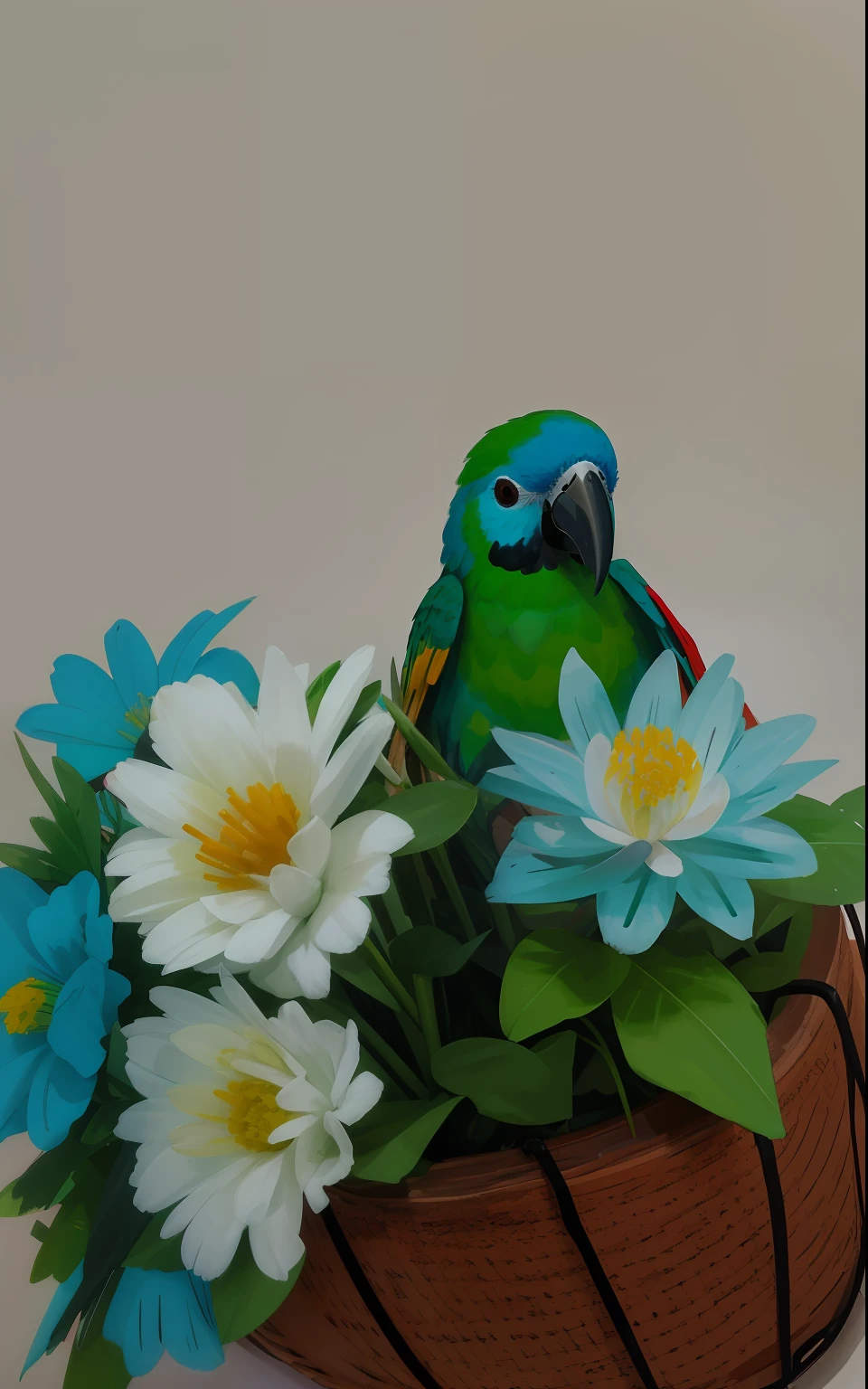 There is a bird that is sitting in a basket with flowers, papagaio, pintado em aquarelas brilhantes, Tiro na Nikon Z9, taken with the best dlsr camera, Papagaios, saturado colorido, Foto tirada com Canon 5D, ethereal macaw, com um papagaio no ombro, fotografia colorida realista, [ Fotorrealismo 4K ], Cor HDR
