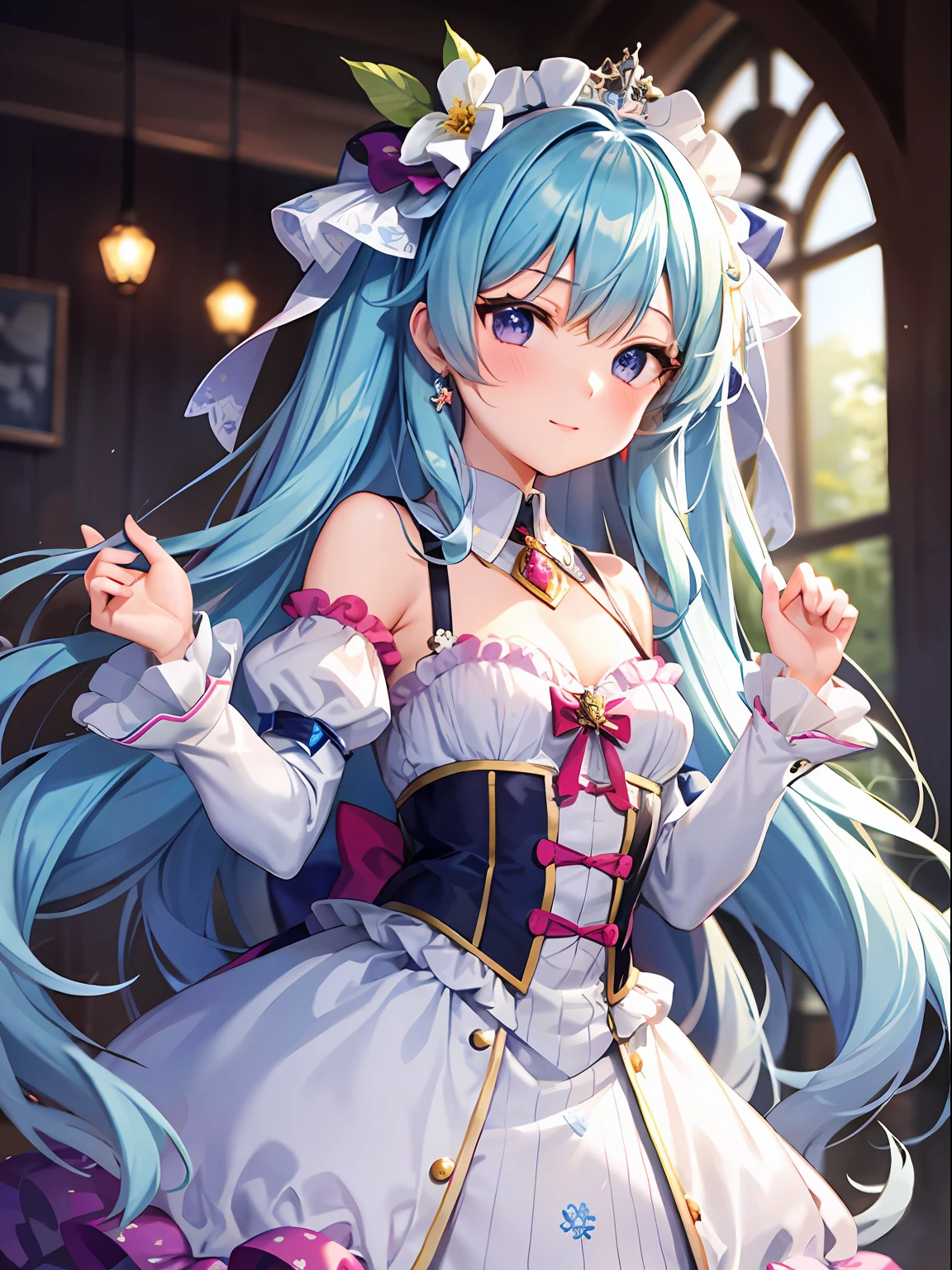 1girll, Solo, Yuki Miku, Long hair, double tails, (Light blue hair:1.2), Purple eye, ((snowflower_print;1.3)), snowflower_Hair_decorations, Detached sleeves, Puffy sleeves, puffy detached sleeves, Pedras preciosas, jewelry, corsage, No shoulder strap, nevando, head gear, Princess, (tchibi_Style:1.2), Yuki_Os amigos_(2019), ((White collar)), Cute, can't be this cute,