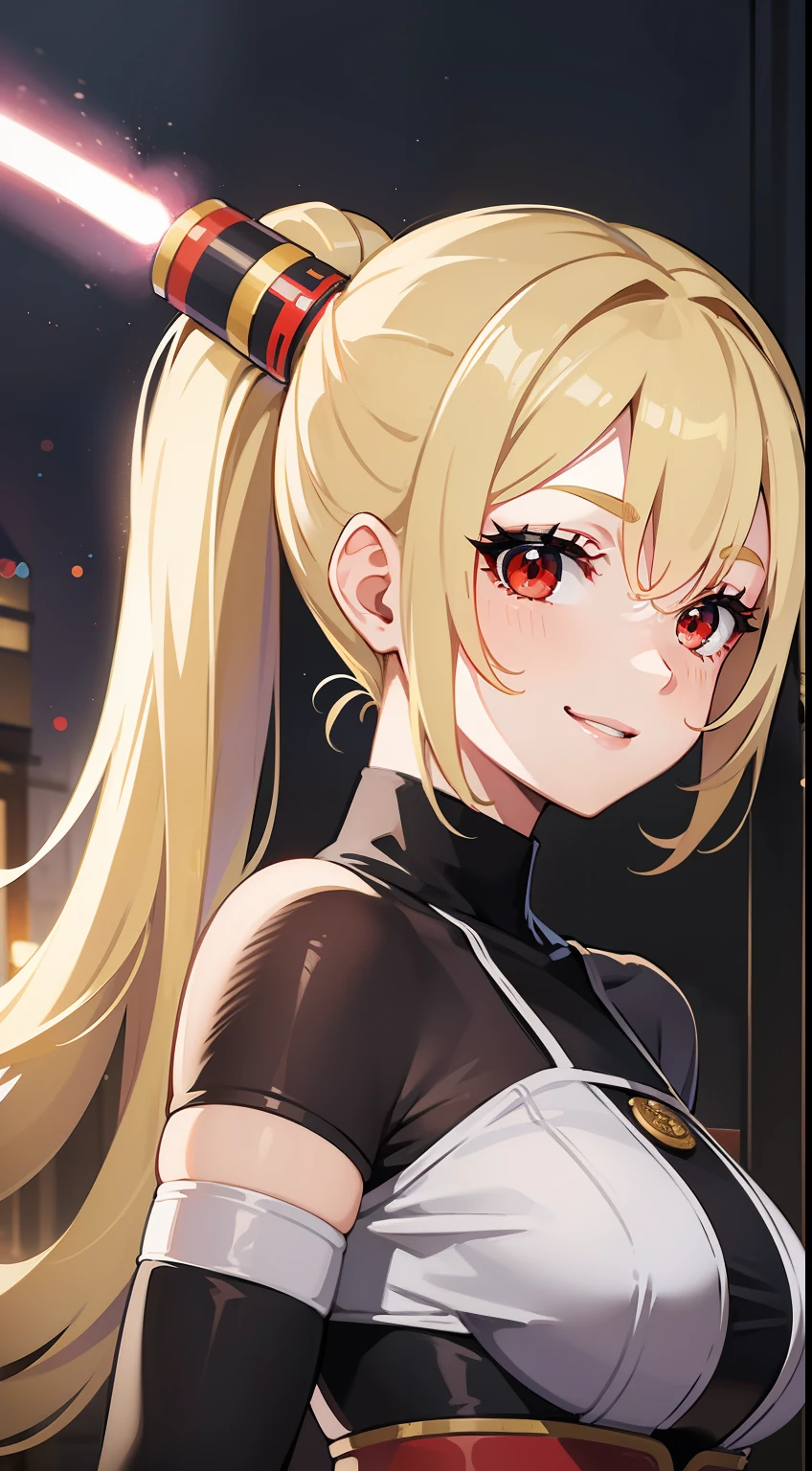 young girl, longue blonde hair, high ponytail, red eyes, Jedi Mantle, open breasts, Smile, Lightsaber, Masterpiece, hiquality