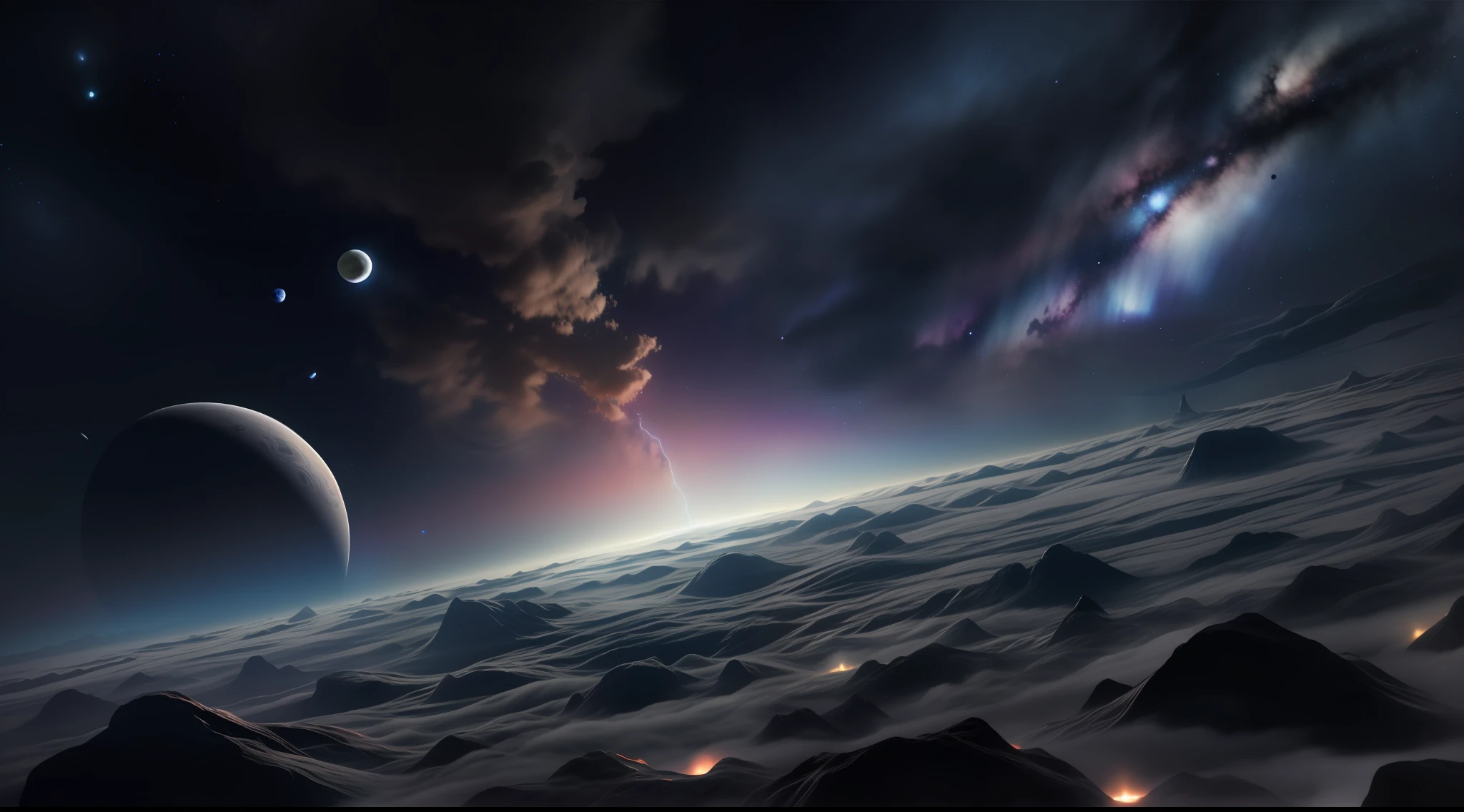 Immerse us in the cold and deep depths of space, Where darkness reigns。Distant stars々A faint twinkle in the jet-black void like a distant memory、Create eerie and enigmatic space images。Let the emptiness of the universe expand endlessly.、Only the faint glow of distant celestial bodies delimits its space。Using AI、Create a sense of isolation in the space、Let the vastness of the universe be a canvas of deep shadows and inexplicable darkness。Through the creation of AI、Take you to a world of eerie silence and cosmic devastation。Very realistic, photograph, Super Detail, high details, High quality, 8K