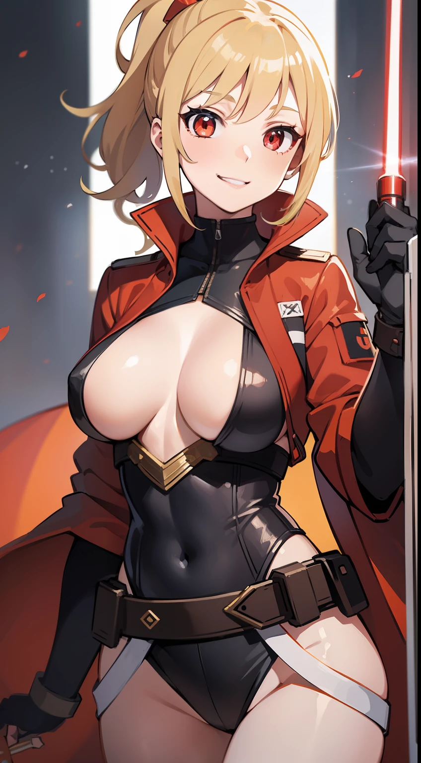 young girl, longue blonde hair, high ponytail, red eyes, Jedi Mantle, open breasts, Smile, Lightsaber, Masterpiece, hiquality