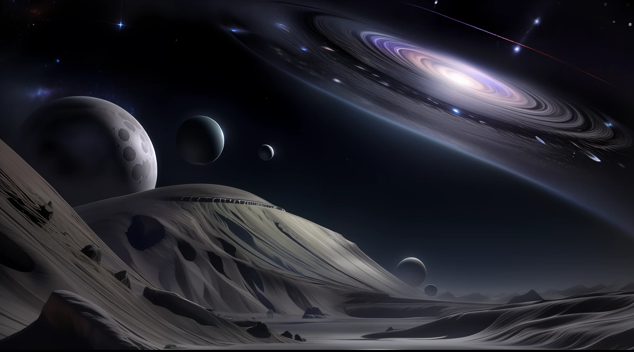 Immerse us in the cold and deep depths of space, Where darkness reigns。Distant stars々A faint twinkle in the jet-black void like a distant memory、Create eerie and enigmatic space images。Let the emptiness of the universe expand endlessly.、Only the faint glow of distant celestial bodies delimits its space。Using AI、Create a sense of isolation in the space、Let the vastness of the universe be a canvas of deep shadows and inexplicable darkness。Through the creation of AI、Take you to a world of eerie silence and cosmic devastation。Very realistic, photograph, Super Detail, high details, High quality, 8K