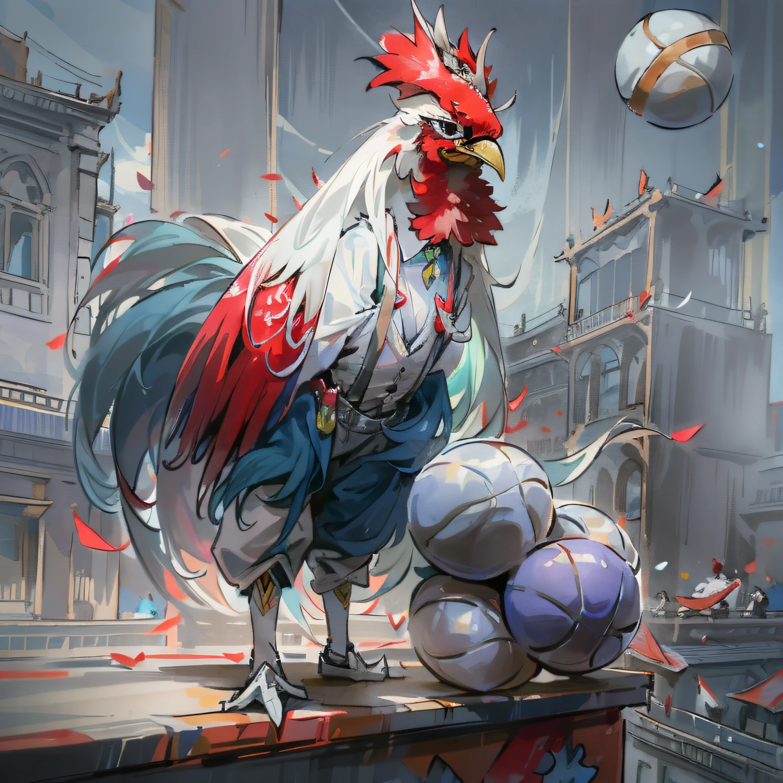 K,UHD,high qulity,high detal,A teenager,Silver-gray middle split,Wear suspenders,White shirt inside,Heart action,French flag behind him(Vertical red, white and blue tricolor)There is a Gallic rooster in the background,On the left is a basketball。