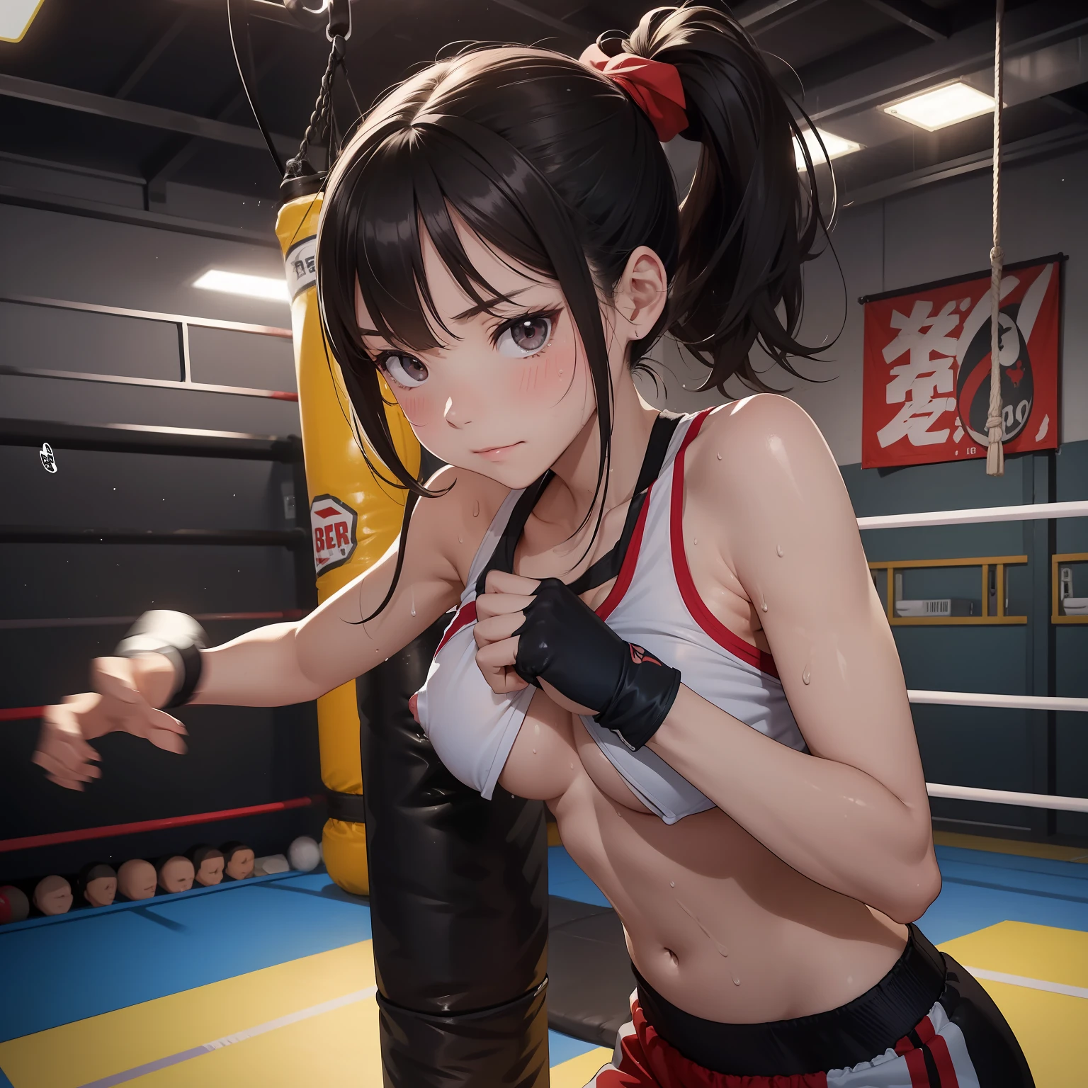2 girls、fitness wear,　shortspats、Sportsbra、Tank Tops、​masterpiece、top-quality、realisitic、Hyper-detailing、(Glossy skin、be sweaty:1.4)、absurderes、Looking at the camera、short dark hair、Brown-eyed、A slender、动态照明、hight resolution、foco nítido、depth of fields、A detailed eye、Sharp eyes、Realistic eyes、(small tits:1.6)、(thick thight:1.0)、、Women's locker room、Locker Room、Shower room、Change of clothes、Half-undressed、Lower breast、pov from down、Full Body Display、Training Machine、Treadmill、Weight training、perspiring、moisture、punching bag、martial art、Boxer Size、Open Finger Gloves、shelves、punch、Spinning kick、Take off the bottom、Love Juice、A smile、red blush、teats、Clothing that shows through sweat、Kicking a punching bag、Punch to hit the ball、Covered with lotion、Muay Thai、catfight、Lotion Pro Wrestling、Climb into the ring、Spurling、Cross Counter、Martial arts、Command Sambo、Mount Position、Joint Technique、Upper Spinning Kick、Summer Salt Kick、emphasizing breasts、Take off your pants、