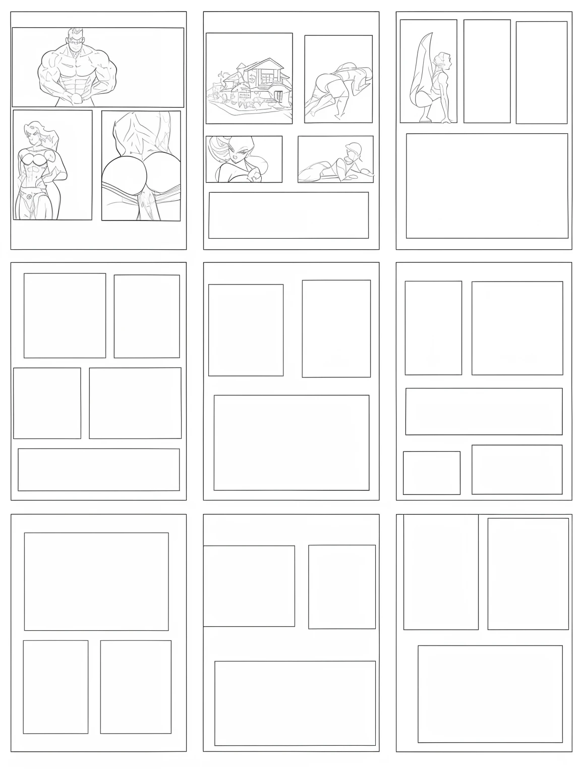 um conjunto de quatro imagens diferentes de um livro ilustrado com fotos de pessoas, Contorno grosso dos quadrinhos, layout de grade, Formato do storyboard, manga page, manga panels, Linhas Negras de Quadrinhos, comic book page, grade de estilos, comic book page, comic book panels, comic drawing, layout do modelo, desenho de quadrinhos, comic art, storybook layout, arte conceitual em quadrinhos