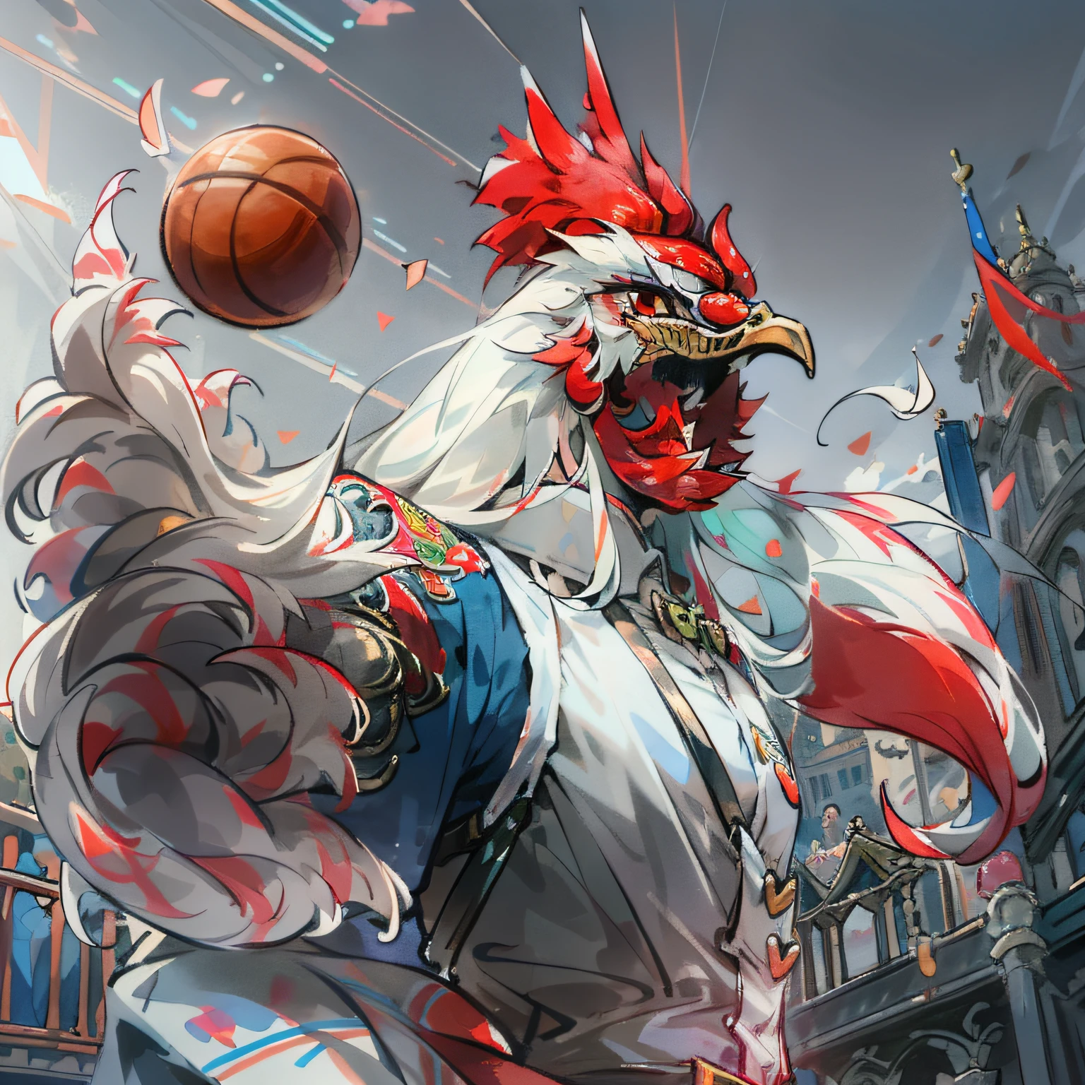 16K，UHD,high qulity，high detal，A teenager，Silver-gray middle split，Wear suspenders，White shirt inside，Heart action，French flag behind him（Vertical red, white and blue tricolor）There is a Gallic rooster in the background，On the left is a basketball。