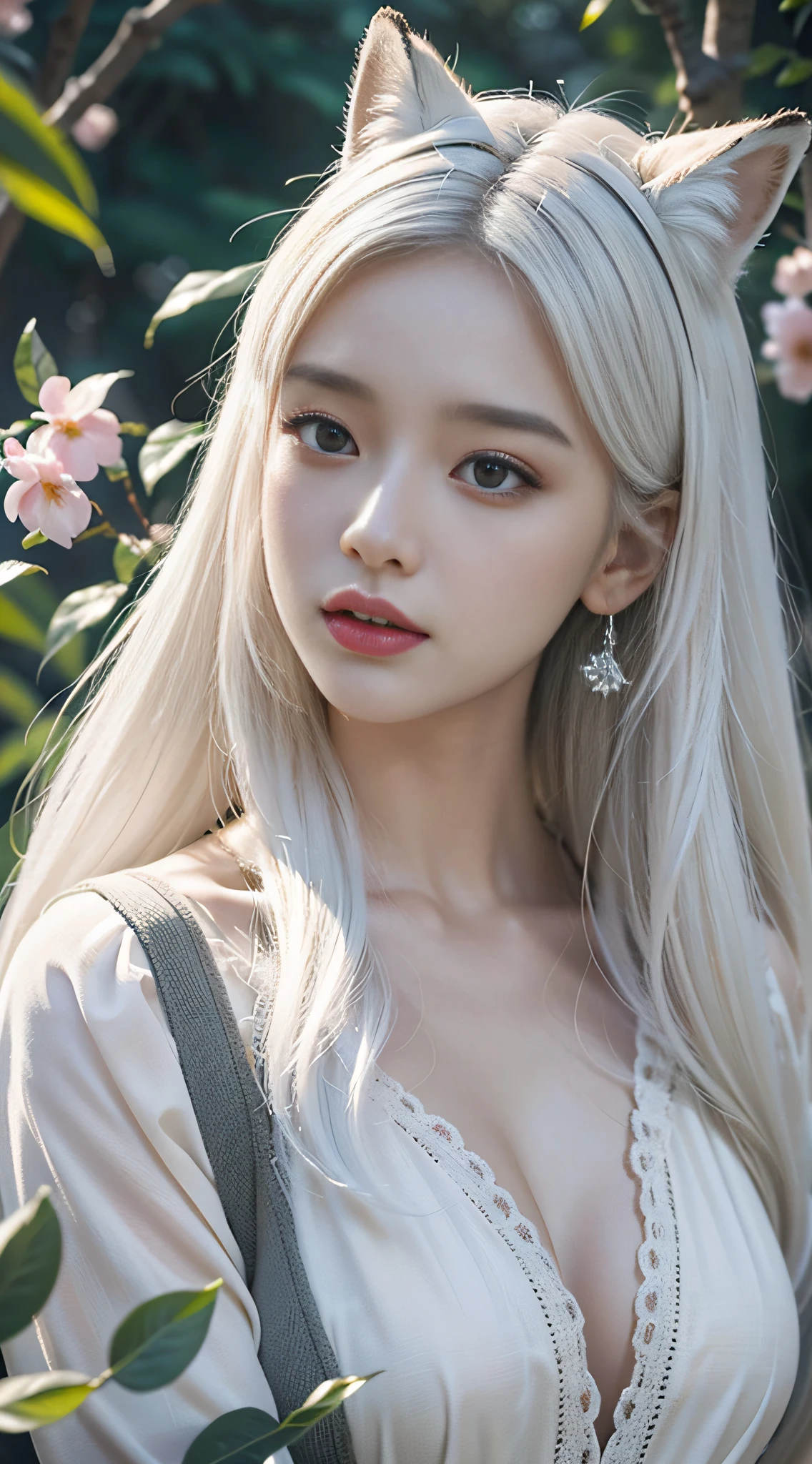 tmasterpiece,Best quality at best,(非常详细的 CG 统一 8k 壁纸),(Best quality at best),(The best illustrations),(The best shadow),1 Girl with white hair with fox ears,Female fox pose,Close up of beauty with white hair and white mask,Belle peinture de personnage,Guviz,Guviz-style artwork,White-haired god,Yang J,Epic and beautiful character art,Stunning character art,FAN Qi,Wu Zhun Shifan,Guvitz at the Pixiv Art Station,glowing sprites,Natural elements in the forest theme。Mysterious Forest,Beautiful forest,great outdoors,Surrounded by flowers,Delicate leaves and branches are surrounded by fireflies(nature elements),(Jungle theme),(Foliage),(tree branch),(glowworm),(Particle effect), Octane rendering,Ray traching,Super meticulous