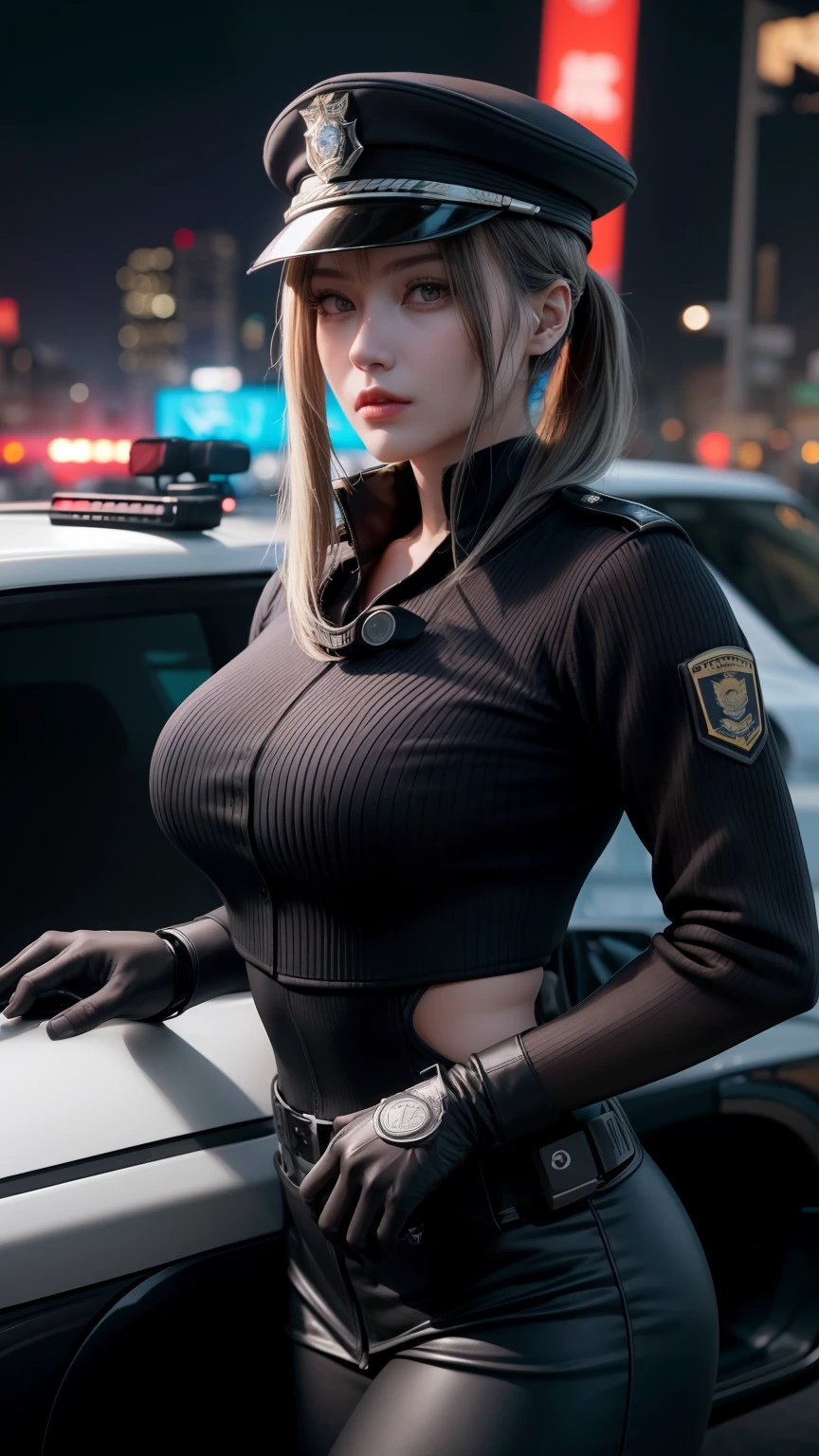 Highest image quality，Outstanding details，超高分辨率，The police of the future，She wears a futuristic SWAT uniform，pony tails，She stood in front of the police car，Robust body，Sexy and robust，Detailed abs，Detailed muscle lines，dynamicposes，the night，Future city street view background，neonlight，sense of science and technology，future-tech，Very detailed cyberpunk style，cyber punk perssonage，Highly detailed police uniforms，Highly detailed police cap，Highly detailed police force，Highly detailed police badge，Highly detailed armbands，Highly detailed police strips，Highly detailed epaulettes，wear police cap，Highly detailed electric batons，Highly detailed guns，The gun of the future，intercom，Wireless devices，Highly detailed handcuffs，Highly detailed police equipment，Highly detailed police car，Future police car，frontage，Full body photo，Look from the bottom up，look from down, looki at viewer，mechs