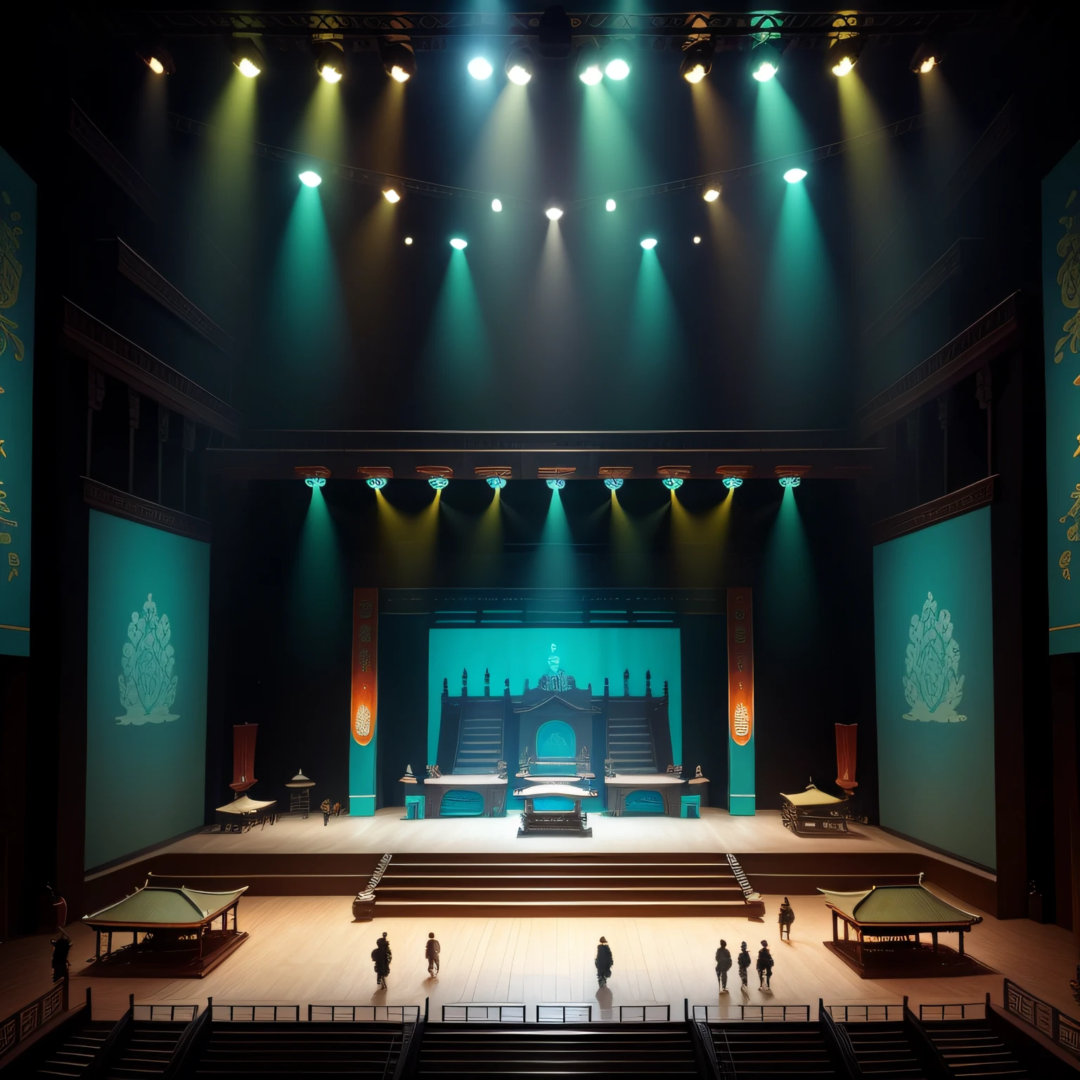 Tang dynasty architectural style,Framed stage,Stage design,Middle three-tier platform,Turquoise landscape background,Dunhuang color scheme,stage lighting