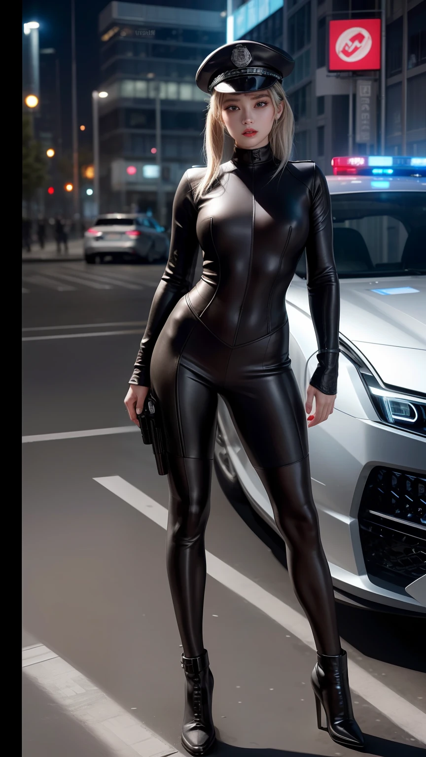 Highest image quality，Outstanding details，超高分辨率，The police of the future，She wears a futuristic SWAT uniform，pony tails，She stood in front of the police car，Robust body，Sexy and robust，Detailed abs，Detailed muscle lines，dynamicposes，the night，Future city street view background，neonlight，sense of science and technology，future-tech，Very detailed cyberpunk style，cyber punk perssonage，Highly detailed police uniforms，Highly detailed police cap，Highly detailed police force，Highly detailed police badge，Highly detailed armbands，Highly detailed police strips，Highly detailed epaulettes，wear police cap，Highly detailed electric batons，Highly detailed guns，The gun of the future，intercom，Wireless devices，Highly detailed handcuffs，Highly detailed police equipment，Highly detailed police car，Future police car，frontage，Full body photo，Look from the bottom up，look from down, looki at viewer，mechs