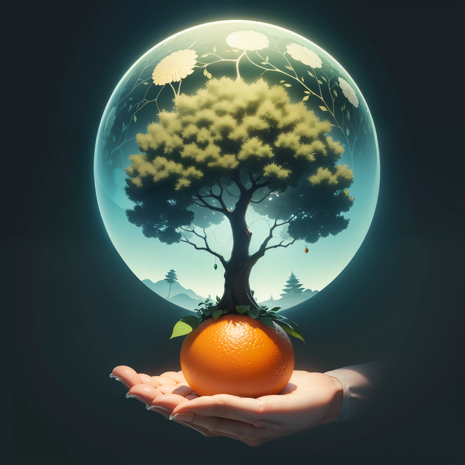 There is a tree in the sky，There are oranges growing on it, Simple illustration, tree of life seed of doubt, with fruit trees, Created in Adobe Illustrator, Stylized digital illustration, vector design, illustration”, fruit trees, very stylized, arte renderizada, rendered illustration, yoil，of the tree, game asset of plant and tree, (Milk liquid)，organicdesign, made with illustrator