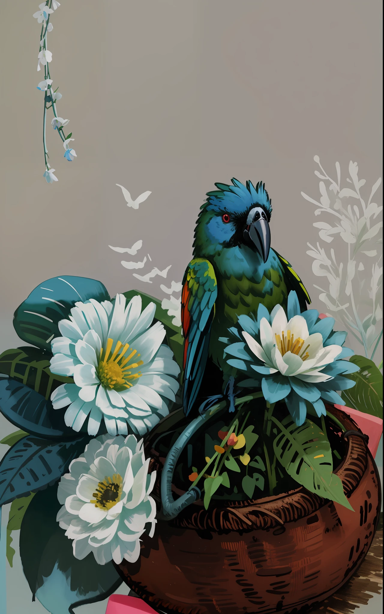 There is a bird that is sitting in a basket with flowers, papagaio, pintado em aquarelas brilhantes, Tiro na Nikon Z9, taken with the best dlsr camera, Papagaios, Colorido saturado, Foto puxada como Canon 5D, ethereal macaw, com um papagaio no ombro, fotografia colorida realista, [ Fotorrealismo 4K ], Cor HDR