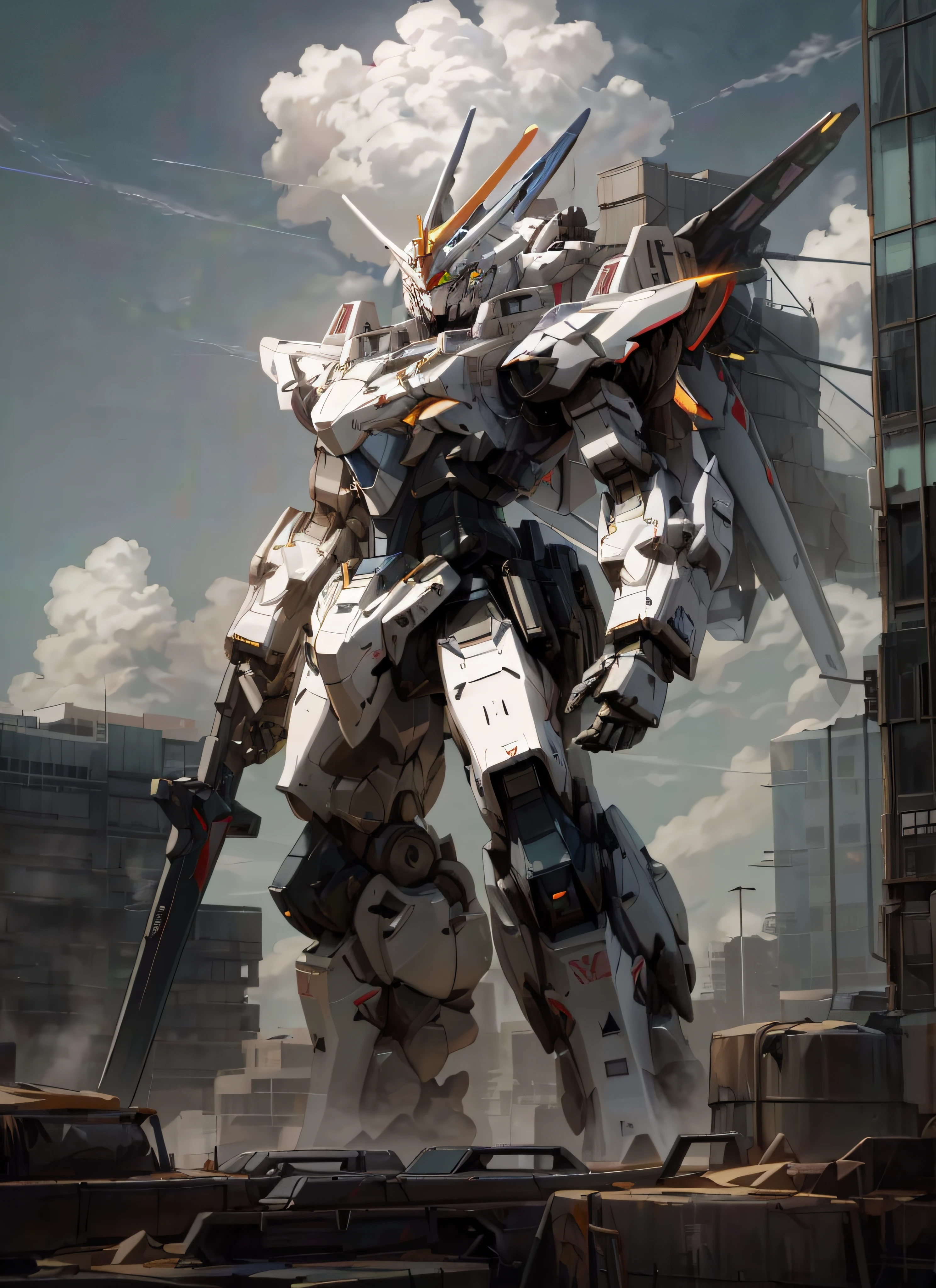 The Alaffield robot stands on a pile of garbage in the city, alexandre ferra white mecha, modern mecha anime, white color mecha, cool mecha style, anime large mecha robot, mecha anime, mecha art, Alexander Ferra Mecha, anime mecha aesthetic, mecha asthetic, giant anime mecha, Mecha Inspiration