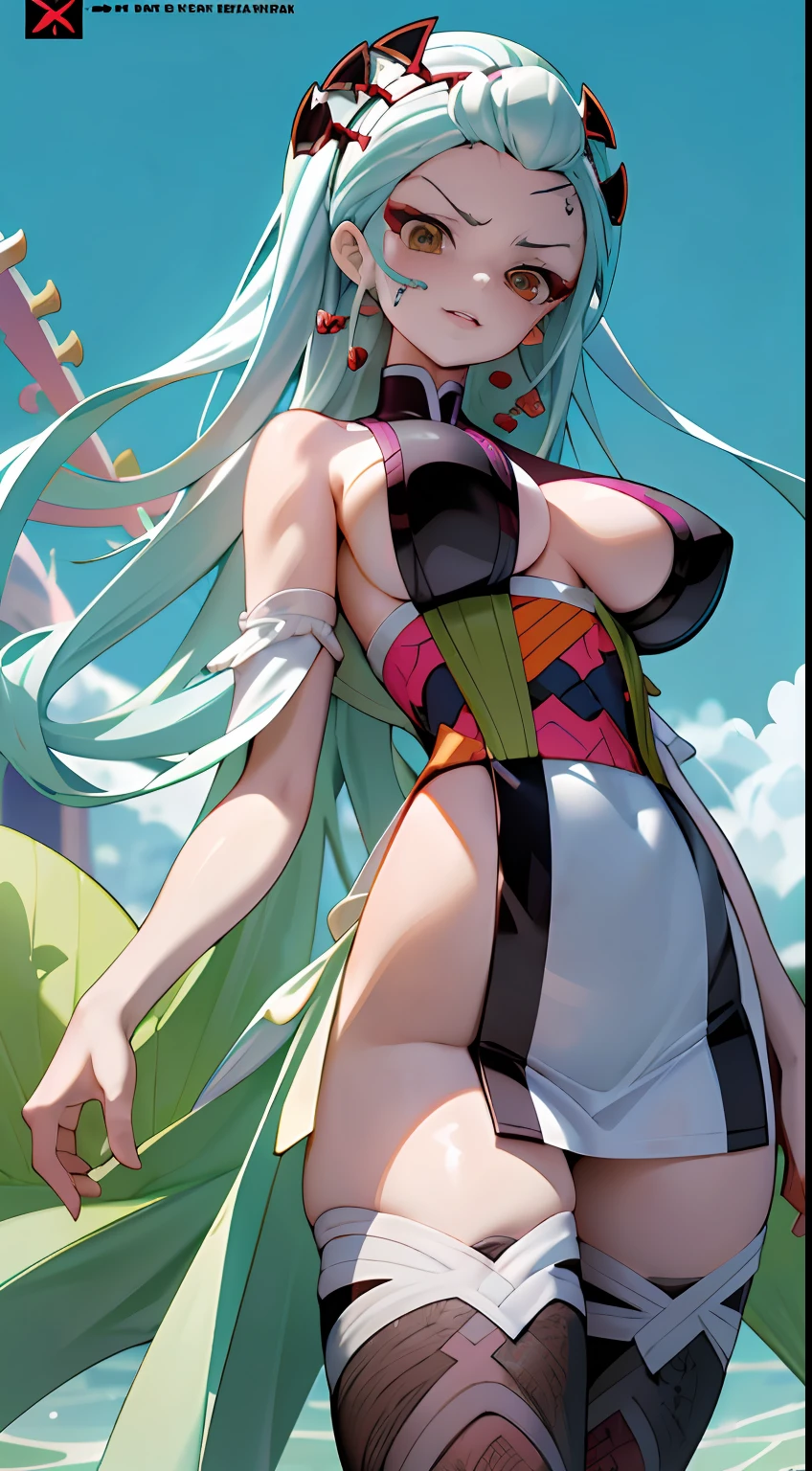 daki (Demon Slayer ),Comic cover style,Comic title,Ocean park,Slim figure,cropped shoulders,huge tit,White dress at the bottom,Mesh garment,Fleshy thighs,Below the waist are mesh stockings,Masterpiece,hyper-detailed face,Deep rendering