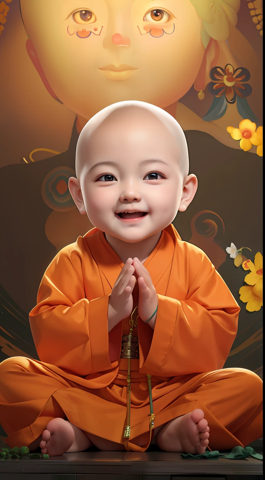 Smiling  in orange robe sitting in front of a painting of a smiling Buddha, lovely digital painting, Buddhist, monk clothes, portrait shooting, buddhist monk, monk meditation, adorable digital art, monk, Buddhism, portrait of monk, high quality portrait, Children, yanjun cheng, close up portrait shot, monk, Cute detailed digital art, wojtek fus