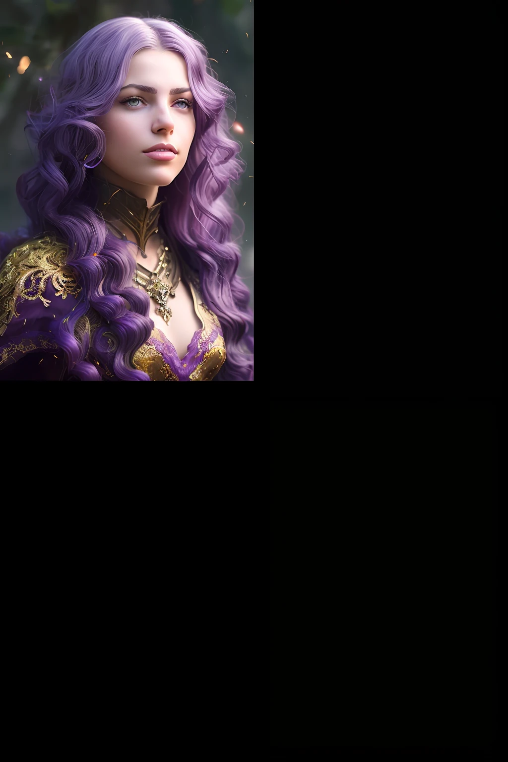 Mulher de cabelo roxo, rabo de cavalo, brincos de lua, olhos e boca vermelha