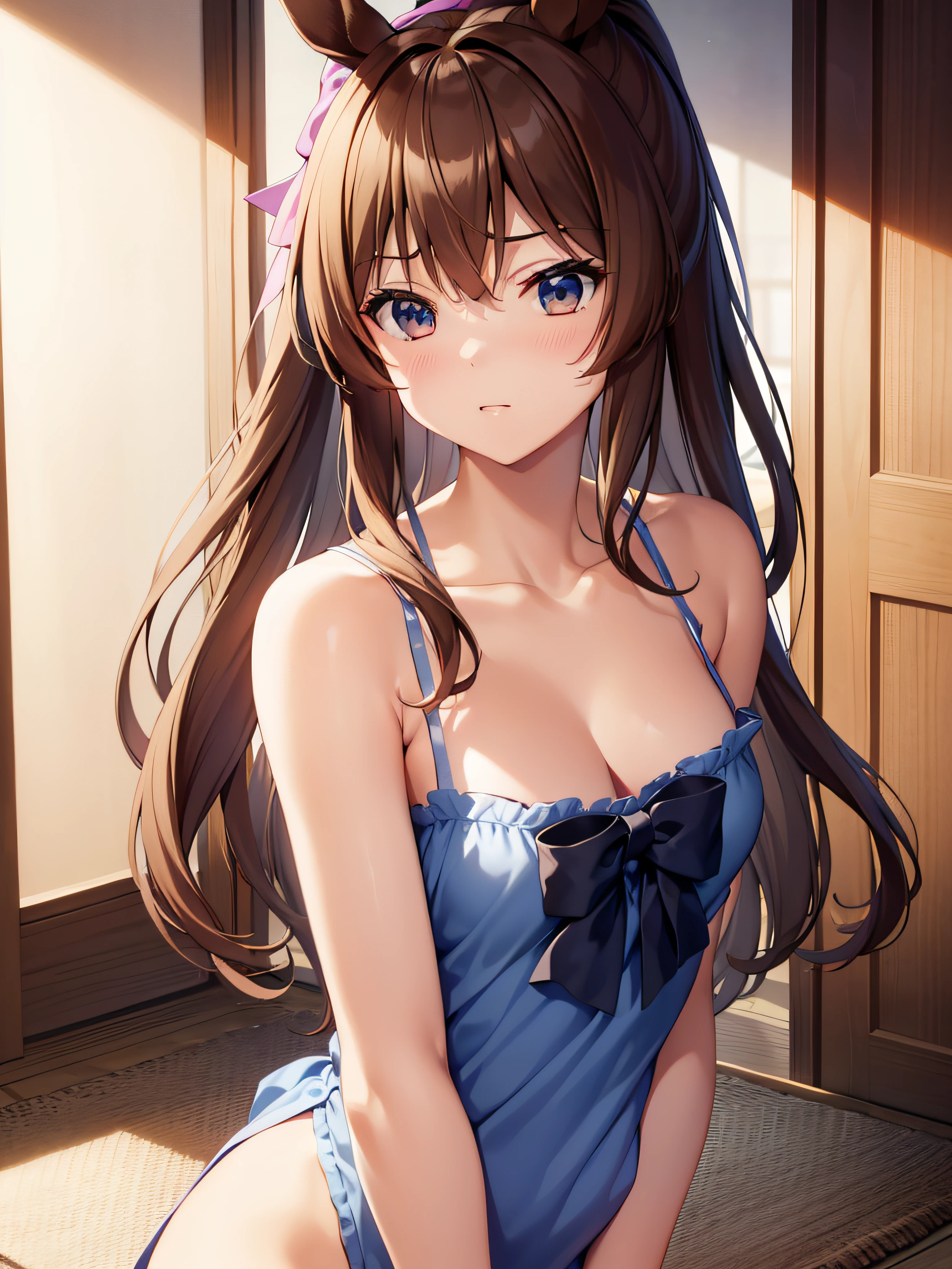 ​masterpiece, hightquality, top-quality, hight resolution, 4K, high-detail, beautiful  lighting,extra detailed face, 5-Fingers、well-drawn hands, well-drawn legs,well-drawn feet,well-drawn eyes,1girl in, brown haired, Brown-eyed,Hair Bow,(((the bow))))、length hair、Low ponytail、Hair on the shoulders、Troubled face、Horse tail coming out of the ass、Uma Musume、（Admire Vega）、Horse ears、tail, Hi-Res, Open the upper body door and peek,(Open the upper body door and peek)、camisole、s Pajamas、Open the door、Grasp the door handle、camisole、s Pajamas、Hands on the chest、Obscuring the chest