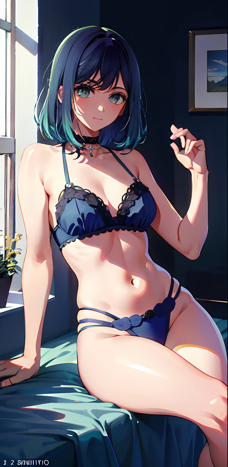 fondo detallado, obra maestra, mejor calidad, alta calidad, alto detalle, hermoso detalle, finamente detallado, hiperrealista, 8 k resolution, 32k, Super-Resolution, hiperrealista, 25-year-old woman, grandes senos y gran trasero, cuerpo completo, pose sexy, con las piernas abiertas sentada en una cama, mostrando su ropa interior, sonrisa, adorno, sudadera con capucha, retrato, blue neon, graffiti, oscuro, noche, ojos brillantes, luz negra