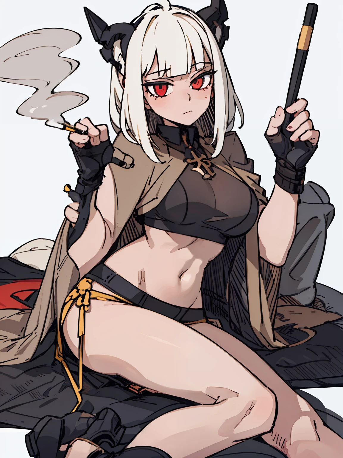 A girl frontal,((full bodyesbian,whaite hair,curlies)),Smoke a big cigarette,Young, White background