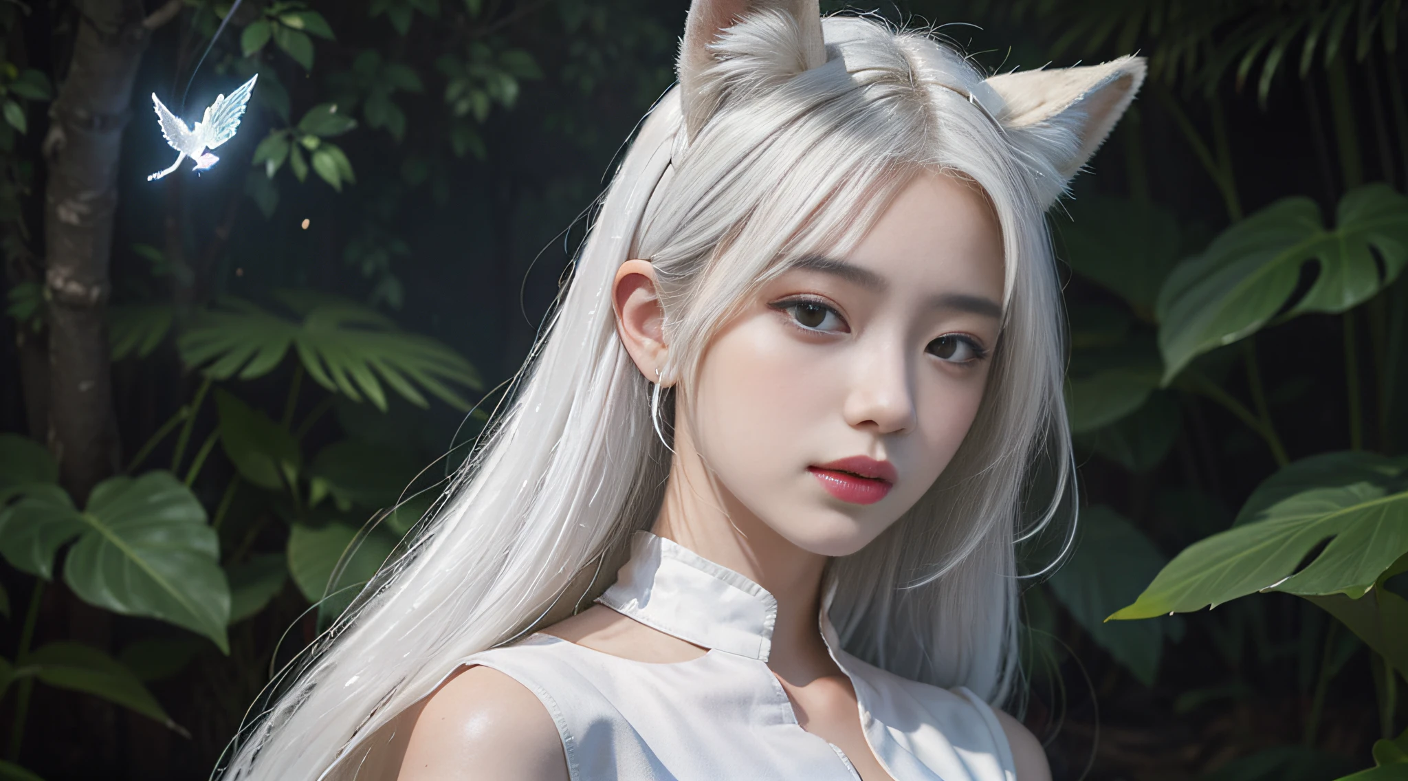 (((((quality：Best quality, Masterpiece))), styled：Ink wind, Poetic), 1 Girl with white hair with fox ears(nine tail fox, Silver hair, Bright eyes, Glimpse), (Night comes, Moonshine pouring, The moon hangs, Pine branches, In the weeds), The picture is soulful, Show mysterious poetry and moving beauty