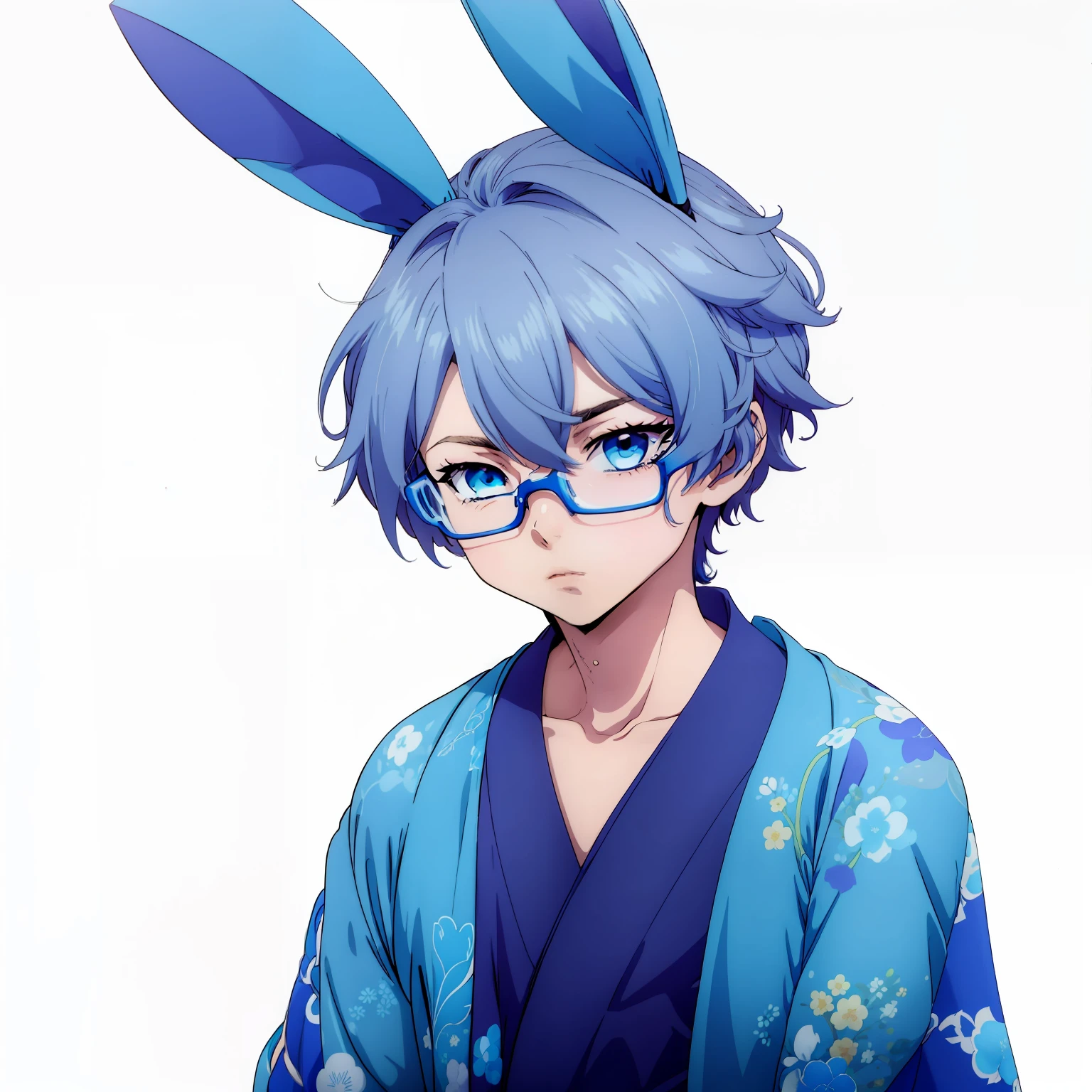 Anime boy, teen, bunny boy, wear glasess, short hair, hair colour blue, wear kimono colour blue