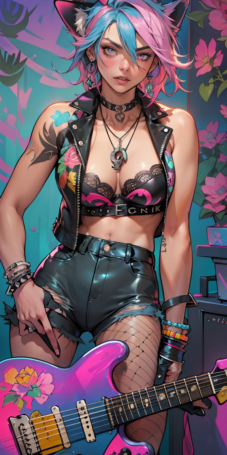 Background, In chic boho style, in club, Ice cream print, multi-colored neon lights, neon garlands, rose hair, mixed-language_SMS, Japanese, (beautiful and clear background:1.2),, fantastic paintings ,graffit style, high detailed eyes , underwear, lace, latex, Pink, Purple, mint, Blue, Yellow, belve, lavender hair, Skull Print, body piercings, Loving, Love, ultra detail hair, Masterpiece, Best Quality, hiquality, hight resolution, detail enhancement, ((most beautiful image in the world)), Masterpiece, Best Quality, hiquality, hight resolution, detail enhancement, ((most beautiful image ), Shiny pink degrade hair, Ultra Short Fitted Stampa, art by stjepan sejic, art by j scott campbell, Artist Guillem March, art by citemer liu, 4k, hight resolution, comic book character, comic, high quality detailed, style of ::2.0 comix illustration style,tatoon style, hiquality, hight resolution, detail enhancement, 8K, HD, Best Quality, hiquality, hight resolution, detail enhancement, 8K, HDR, sharp-focus, Ultra Detailed, perfect lighting, Curvy Body, Lush breasts, Curvy hips, skull print on clothes, rock, rock star, Cool,black leather jacket with skull print, style of, spikes, Punk Rock, Wolf, Cat's ears, Cool bracelets, Choker, calavera, gotik, Short shorts, fishnet pantyhose, (((plays the guitar))) plays the electric guitar, Plays, electric guitar, musician, guitarist, neon strings, virtuoso, Heart Print, Heart, glares, Multi-colored highlights, disco, cacti, Succulents,