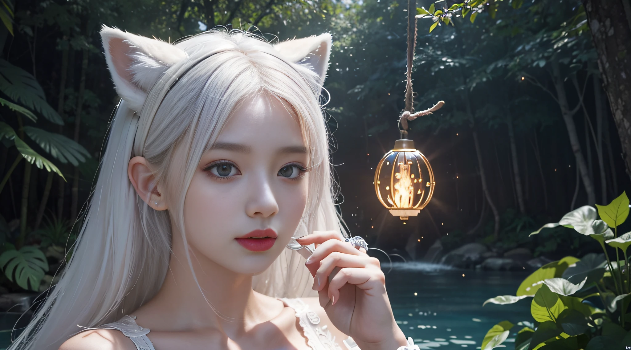 tmasterpiece,Best quality at best,(非常详细的 CG 统一 8k 壁纸),(Best quality at best),(The best illustrations),(The best shadow),1 Girl with white hair with fox ears,Feminine fox pose,Close up of beauty with white hair and white mask,Belle peinture de personnage,Guviz,Guviz-style artwork,White-haired god,Yang J,Epic and beautiful character art,Stunning character art,FAN Qi,Wu Zhun Shifan,Guvitz at the Pixiv Art Station,glowing sprites,There is a glowing deer,Drink water in the pool,Natural elements in the forest theme。Mysterious Forest,Beautiful forest,great outdoors,Surrounded by flowers,Delicate leaves and branches are surrounded by fireflies(nature elements),(Jungle theme),(Foliage),(tree branch),(glowworm),(Particle effect), Octane rendering,Ray traching,Super meticulous