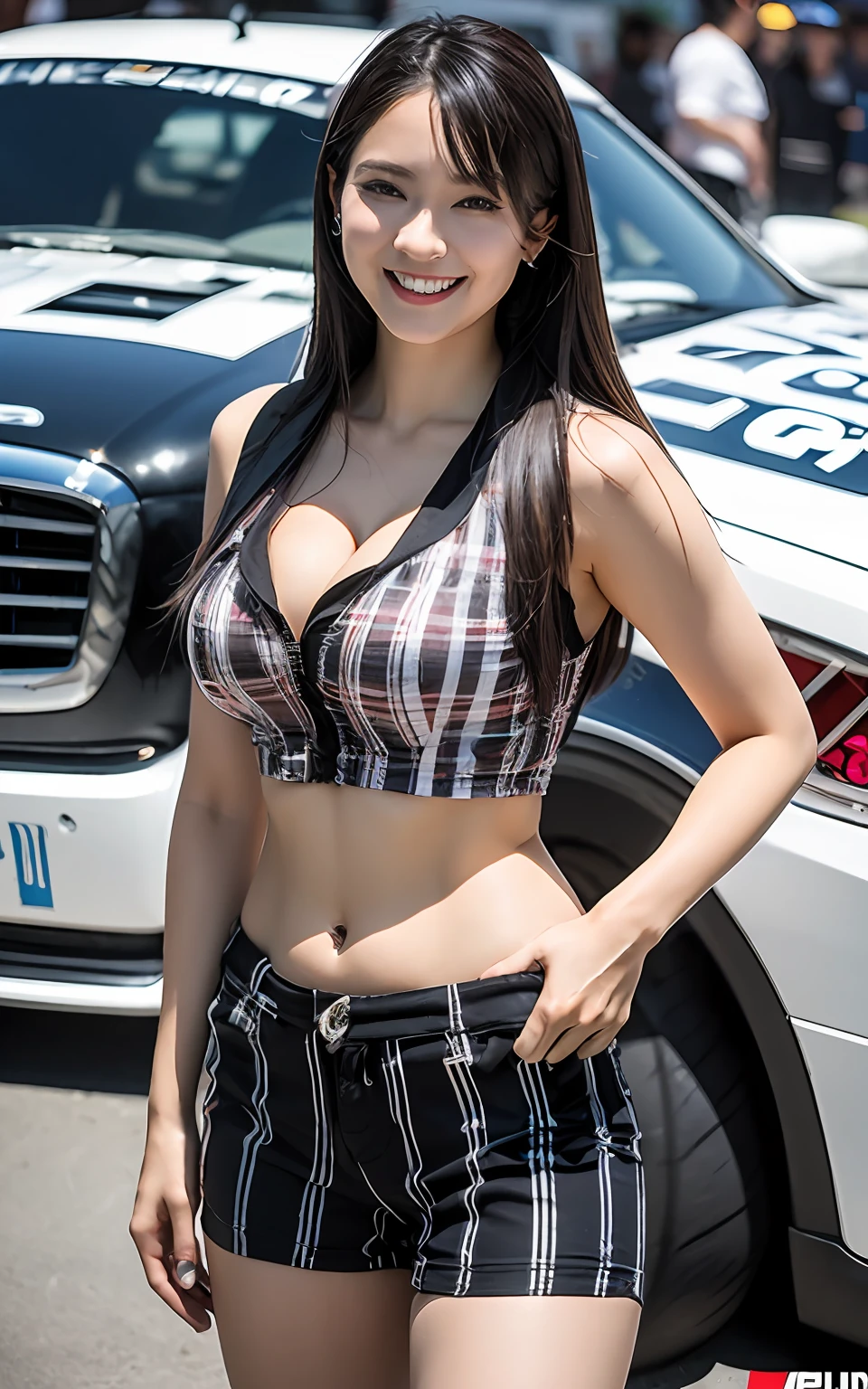 extremely detailed CG unity 8k wallpaper, best quality, ultra-detailed, masterpiece, realistic, photo realistic, extremely detailed cute girl, 25years old, 
(Wearing a grid girl outfit with sponsor's logo printed:1.3), (shorts) , (an auto show:1.3),   (cleavage), smile , Half body shot ,