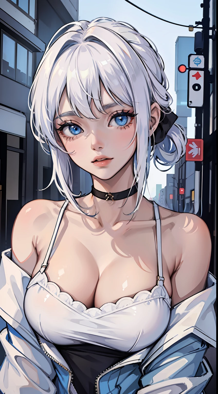 one-girl，Off-the-shoulder attire，Leaking out of the shoulder，little breast，cleavage，half-body portrait，street Tokyo，white color hair，blue color eyes，Raised sexy