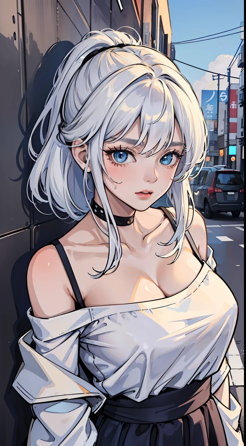 one-girl，Off-the-shoulder attire，Leaking out of the shoulder，little breast，cleavage，half-body portrait，street Tokyo，white color hair，blue color eyes，Raised sexy