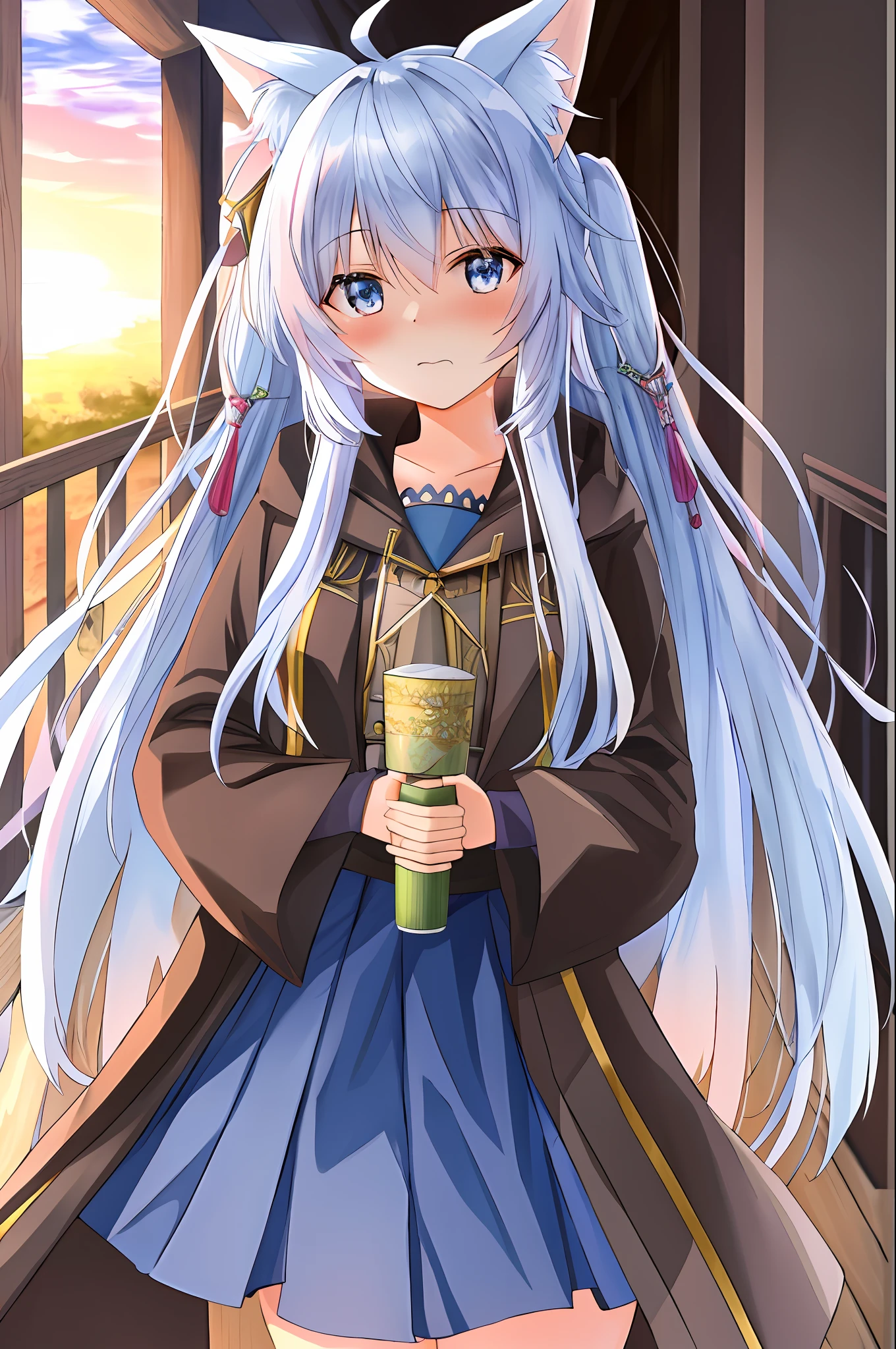 tmasterpiece， Best quality at best， Beautiful and detailed anime face， （sportrait）， Eria Ygo， 1girl， 独奏， long  white hair， fox ear，Blushlush， with her mouth open， ahoge， duel monster， the sunset