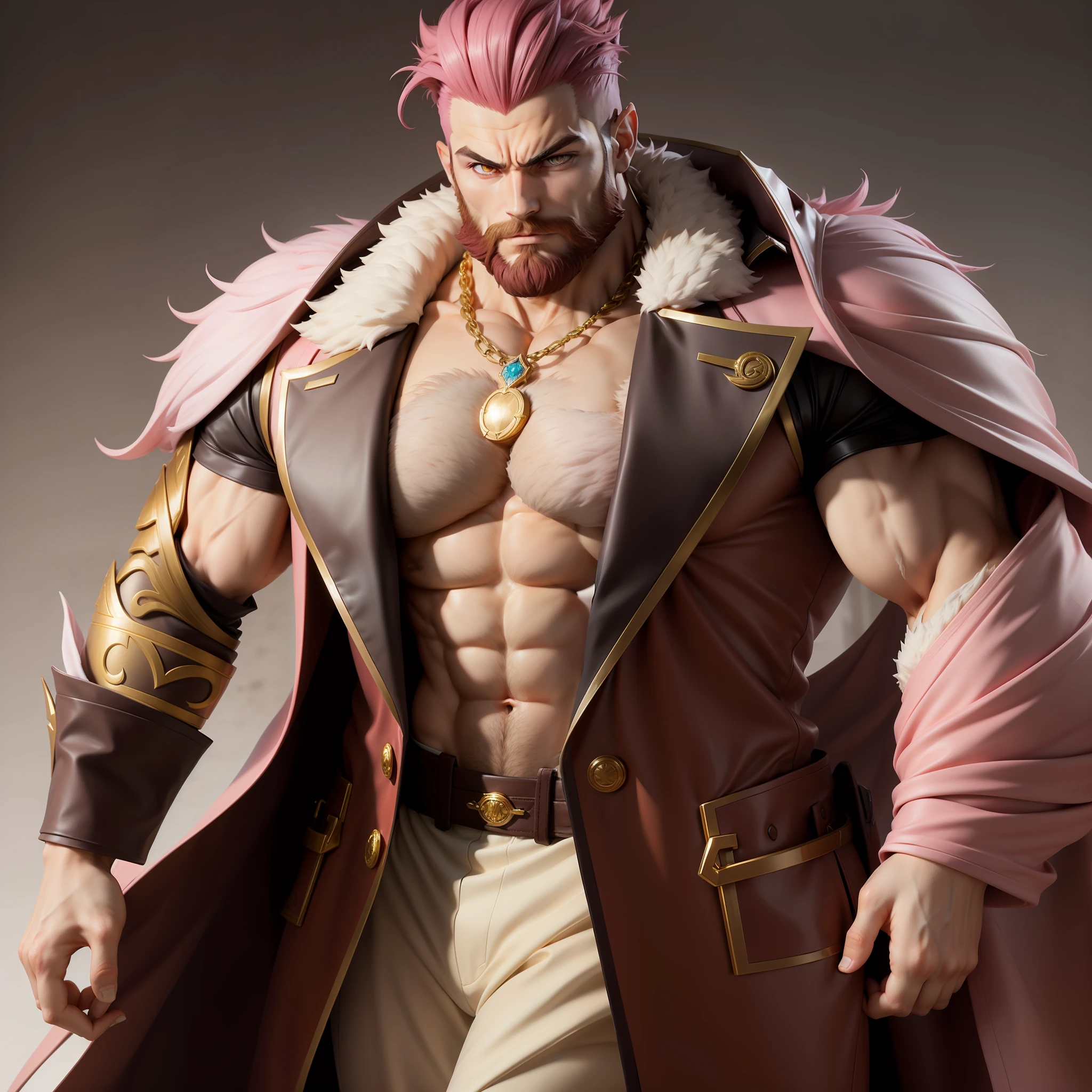 (sett league of legends)man high muscular big hairy chest overcoat open with fur on the collar gold necklace around the neck dark pink hair wolfs ear on top of head straight scar in the middle of the face without beard white pants with gold stripe on the side (bottomup perspective))