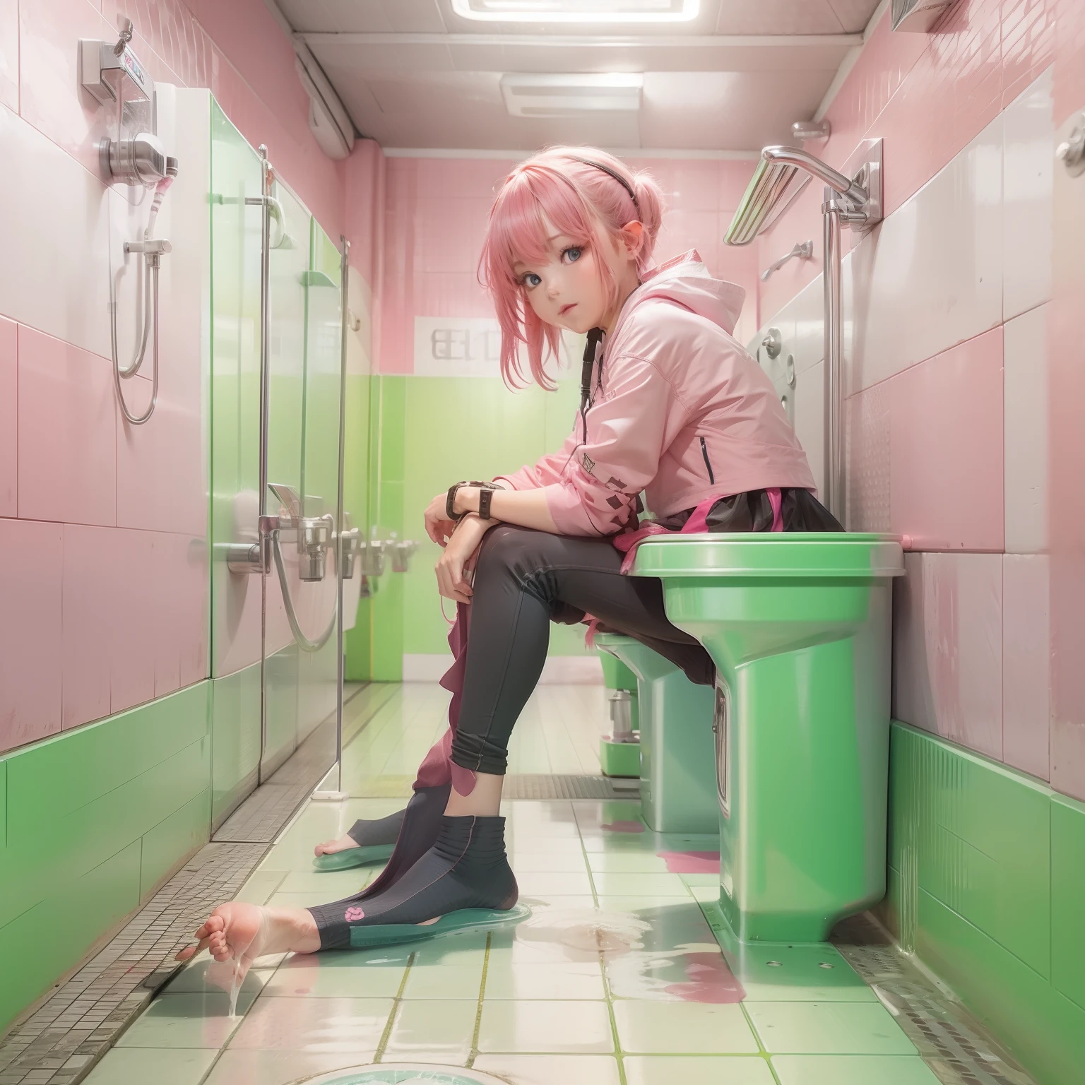 Pink haired jk girl sitting barefoot in a urinal