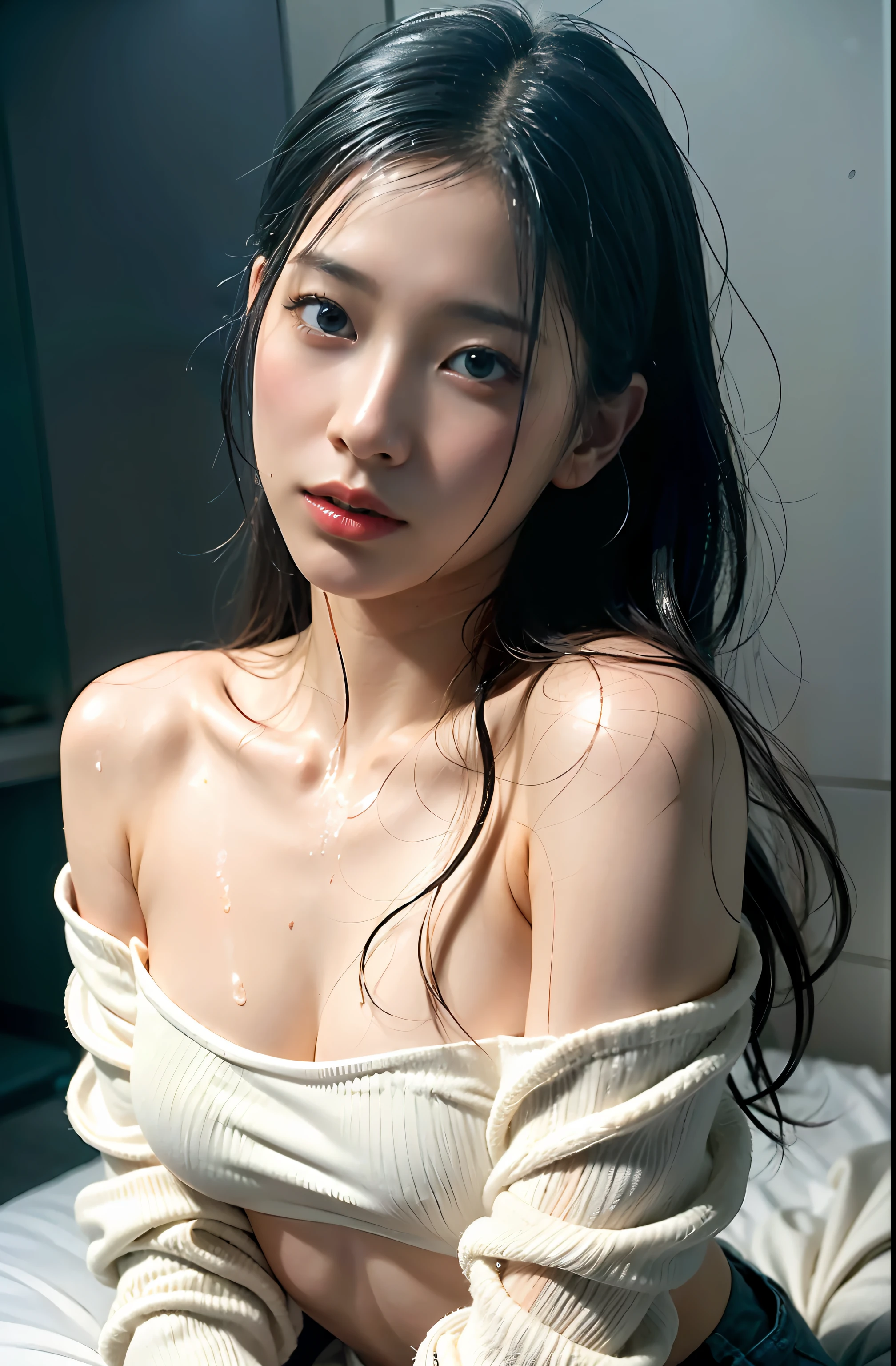 1girl, (Super:1.2), ((Off-shoulder white shirt:1.2)), RAW Photos, (Photorealistic:1.37, Realistic), High Definition CG unified 8K wallpaper, Watch Viewer, (HQ Skin:1.8, Glossy Skin), 8K UHD, DSLR, Soft lighting, High Quality, Film Grain, FUJIFILM XT3, (Upper Body:1.6)), (Professional Lighting: 1.6), (shower, wet body, wet clothes: 4.1), from below, emphasizing cleavage, from above, from the bottom of the bed