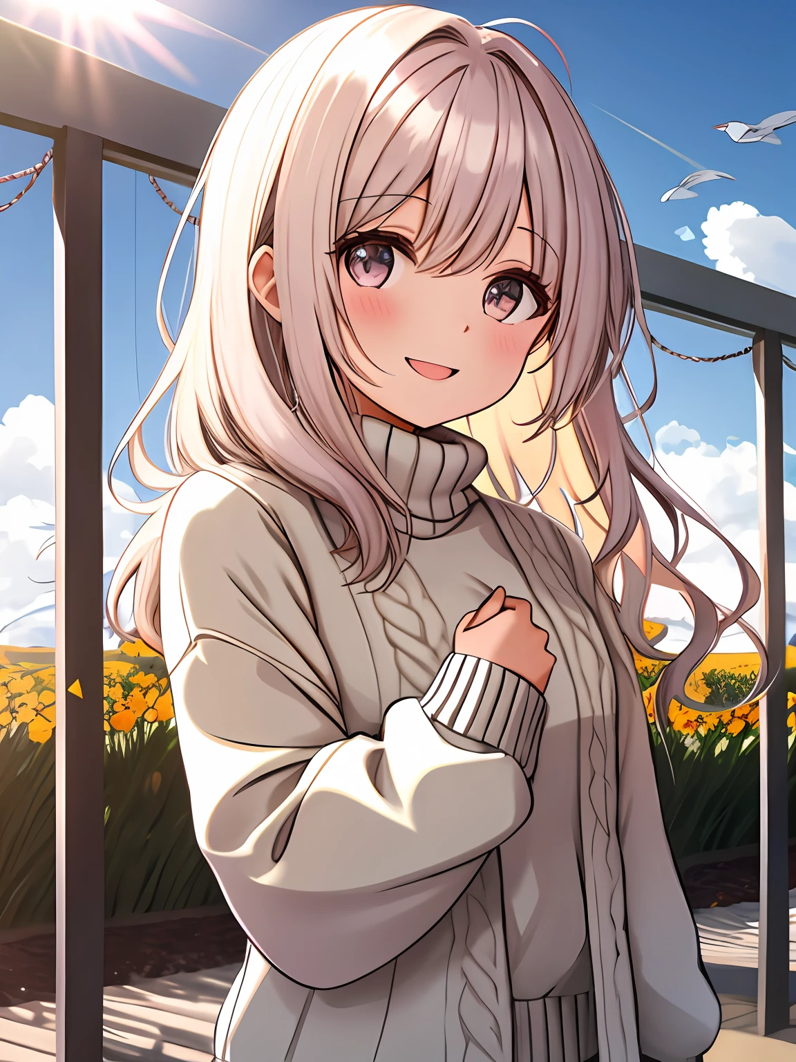 a  girl, cozy sweater, parte superior del cuerpo, (enorme risa: 1.1), (enormes senos) (boca abierta: 1.1), (ojos bien abiertos: 1.2), resplandor del sol, bokeh, profundidad de campo, fondo borroso, light particules, viento fuerte, (heart particles: 1.1)