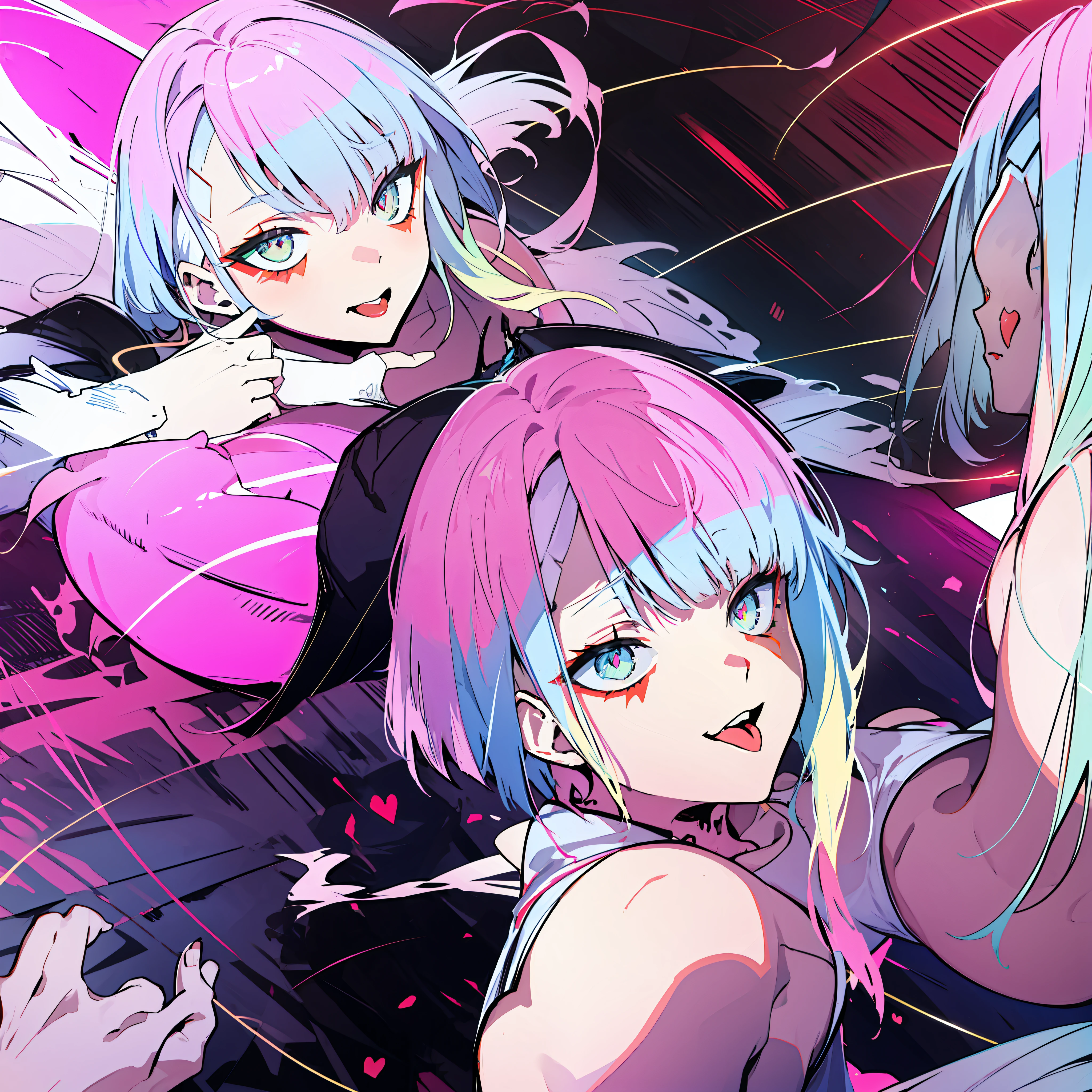 （top-quality，8K，tmasterpiece：1.3）Beautuful Women，1 girl，Very fat，Short white hair，（Crawl on the floor，spread their legs：1.2）Super detailed face，Highly detailed lips，Detailed eyes，Stick out the huge tongue downward，Eyes looking upwards，Be red in the face，The pupils are heart-shaped red，Lewdness，Pure desire，White liquid flows out of the lower body，hight contrast