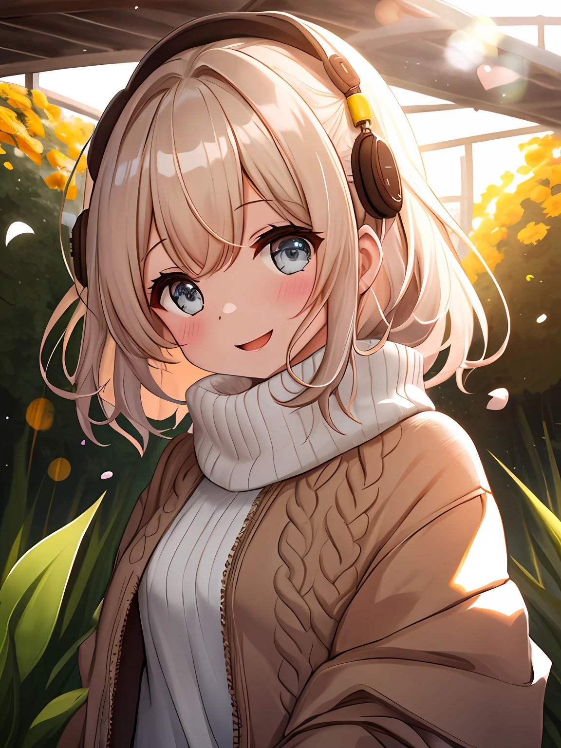 a girl, cozy sweater, parte superior del cuerpo, (enorme risa: 1.1), (enormes senos) (boca abierta: 1.1), (ojos bien abiertos: 1.2), resplandor del sol, bokeh, profundidad de campo, fondo borroso, light particules, viento fuerte, (heart particles: 1.1)