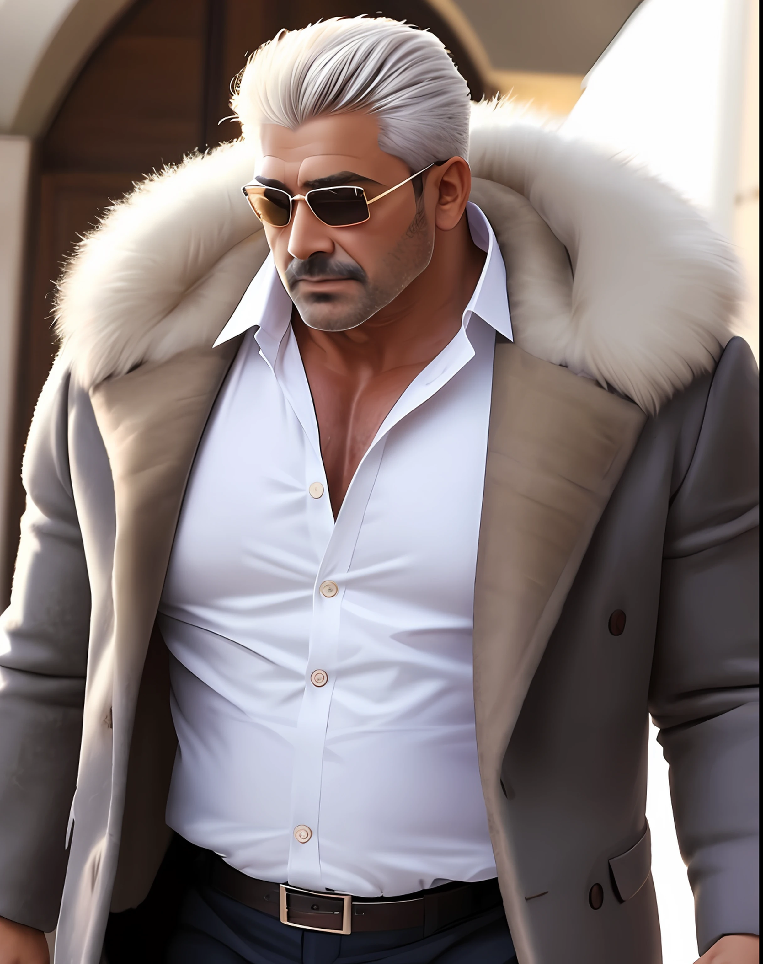 A real middle-aged muscular uncle in a fur coat,Inside is a white shirt