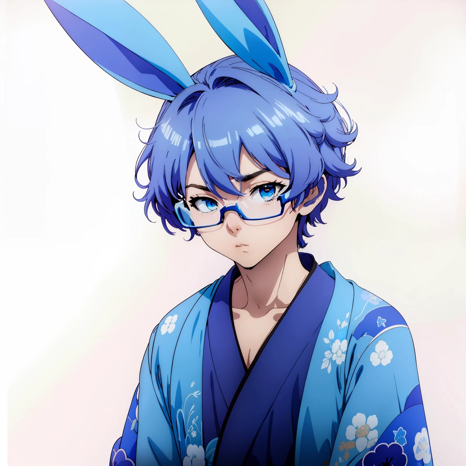 Anime boy, teen, bunny boy, wear glasess, short hair, hair colour blue, wear kimono colour blue, good anatomy, full body