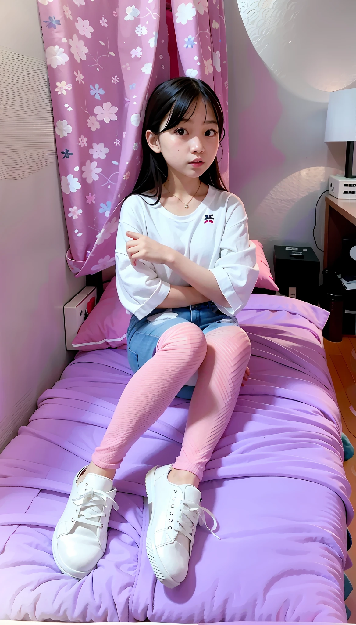 There was a young girl sitting cross-legged on the bed,, Cute young girl, Good young girl, young and cute girl, sitting on her bed, posing in the bedroom, Chinese girl, Young Asian girl, Asian girl, Sitting on the bed, wearing white clothes,Very beautiful girl,Bare legged