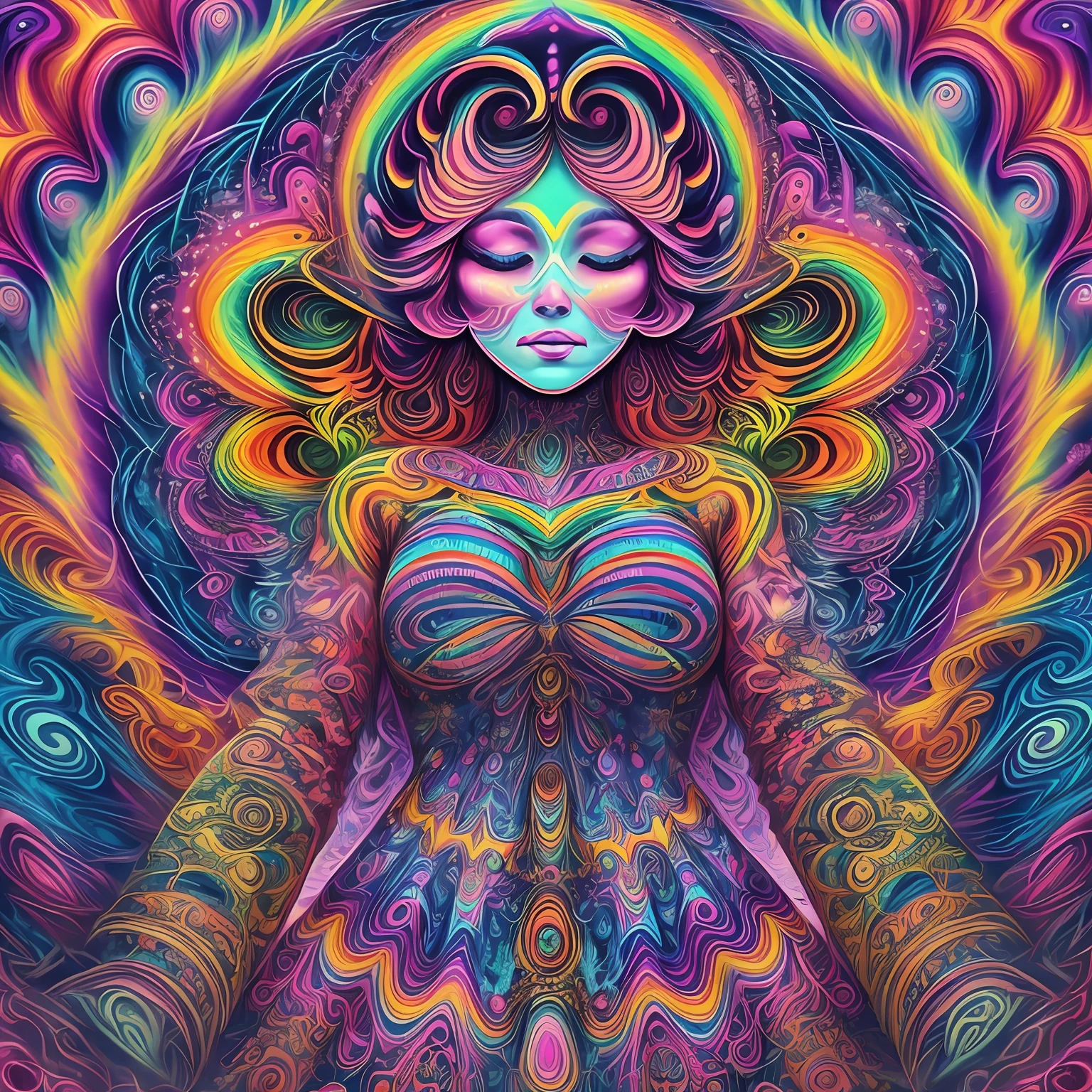 (psychedelic art:1.5), (from below:1.2), intricate dress, upper body, closed eyes,