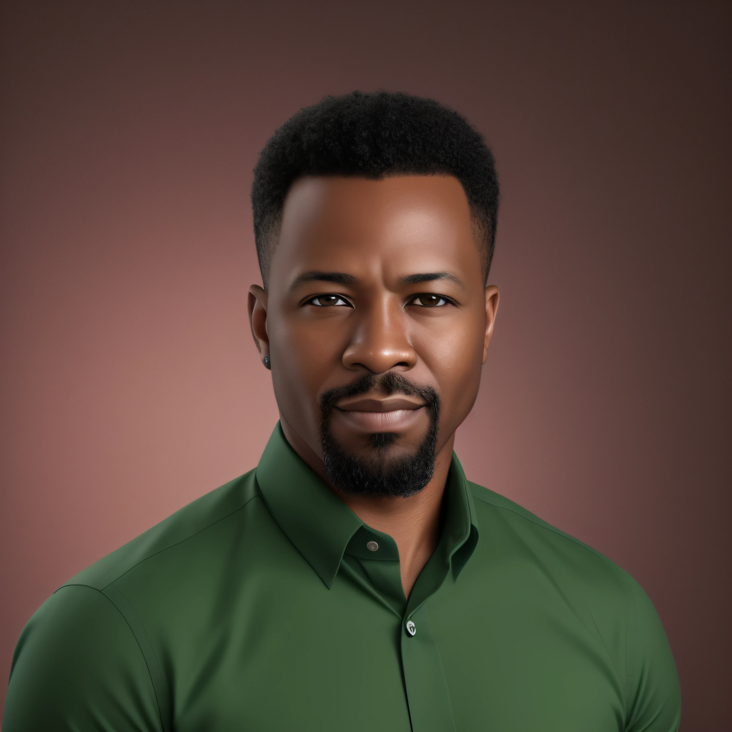 Realistic photo-like image, Black man with goatee, green dress shirt, well-trimmed hair, 45 years old, passport-style photo, businessman.