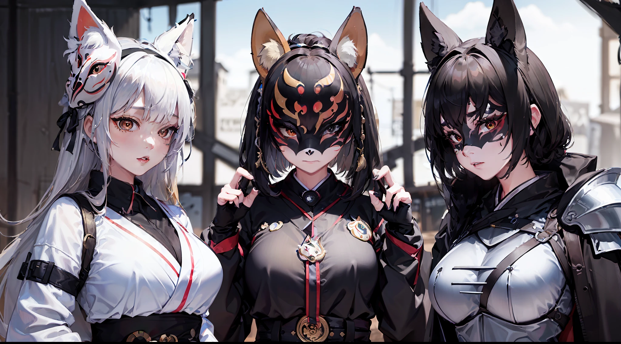 (((8K、very high res、​masterpiece)))、(((Three girls in fox masks)))、stage、illuminating、heavy metal、Black Armor、dance、Meloic sign、Metal Knight