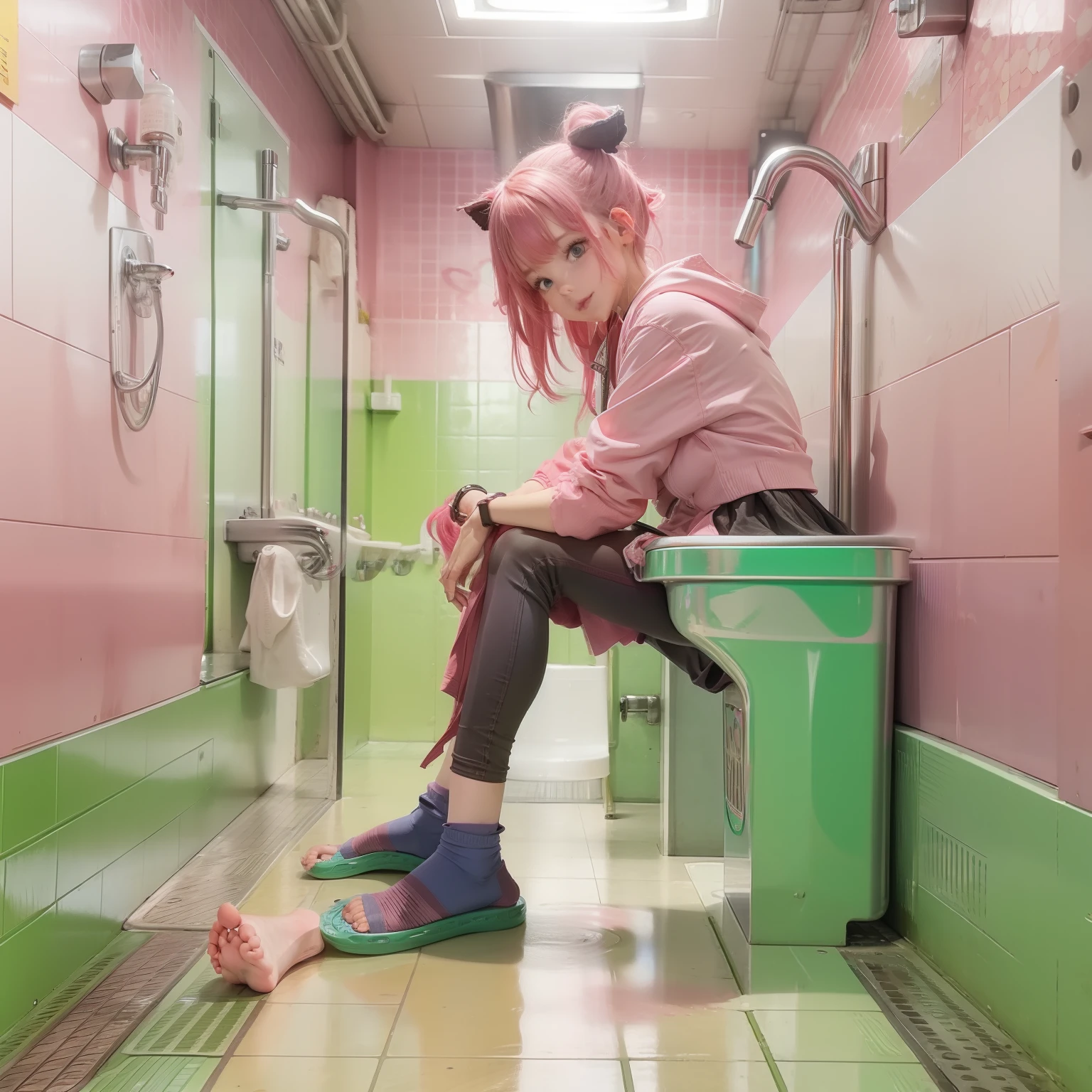 Pink haired JK girl sitting barefoot in urinal