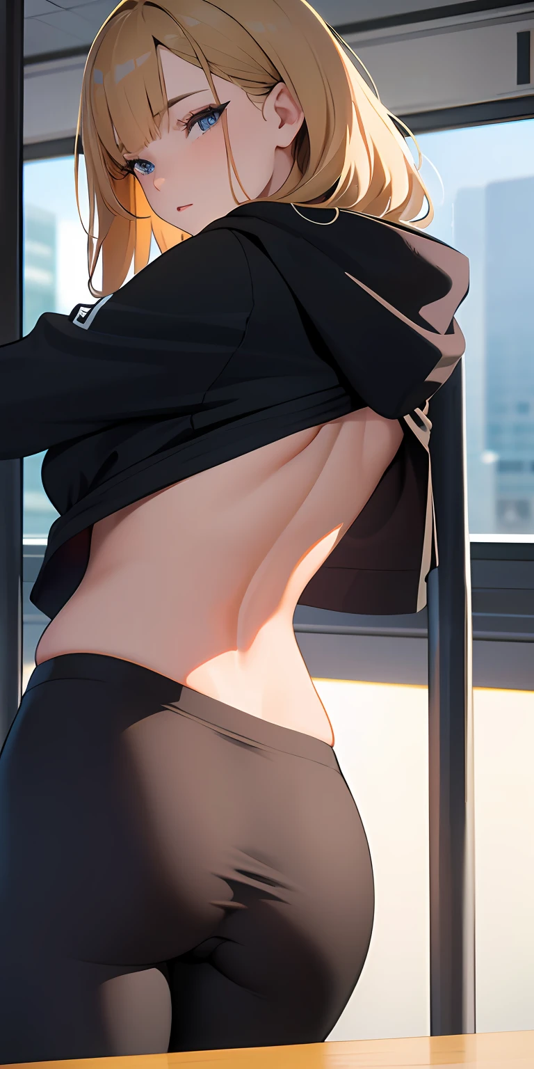 woman, wearing leggings and very low cut crop top hoodie, downblouse, detailed eyes, back of the bus, looking towards the front of the bus, POV, nalgene wayer bottle, seductive, alluring, best quality masterpiece, detailed, 8k, HDR, shallow depth of field, broad light, high contrast, backlighting, bloom, light sparkles, chromatic aberration, smooth, sharp focus