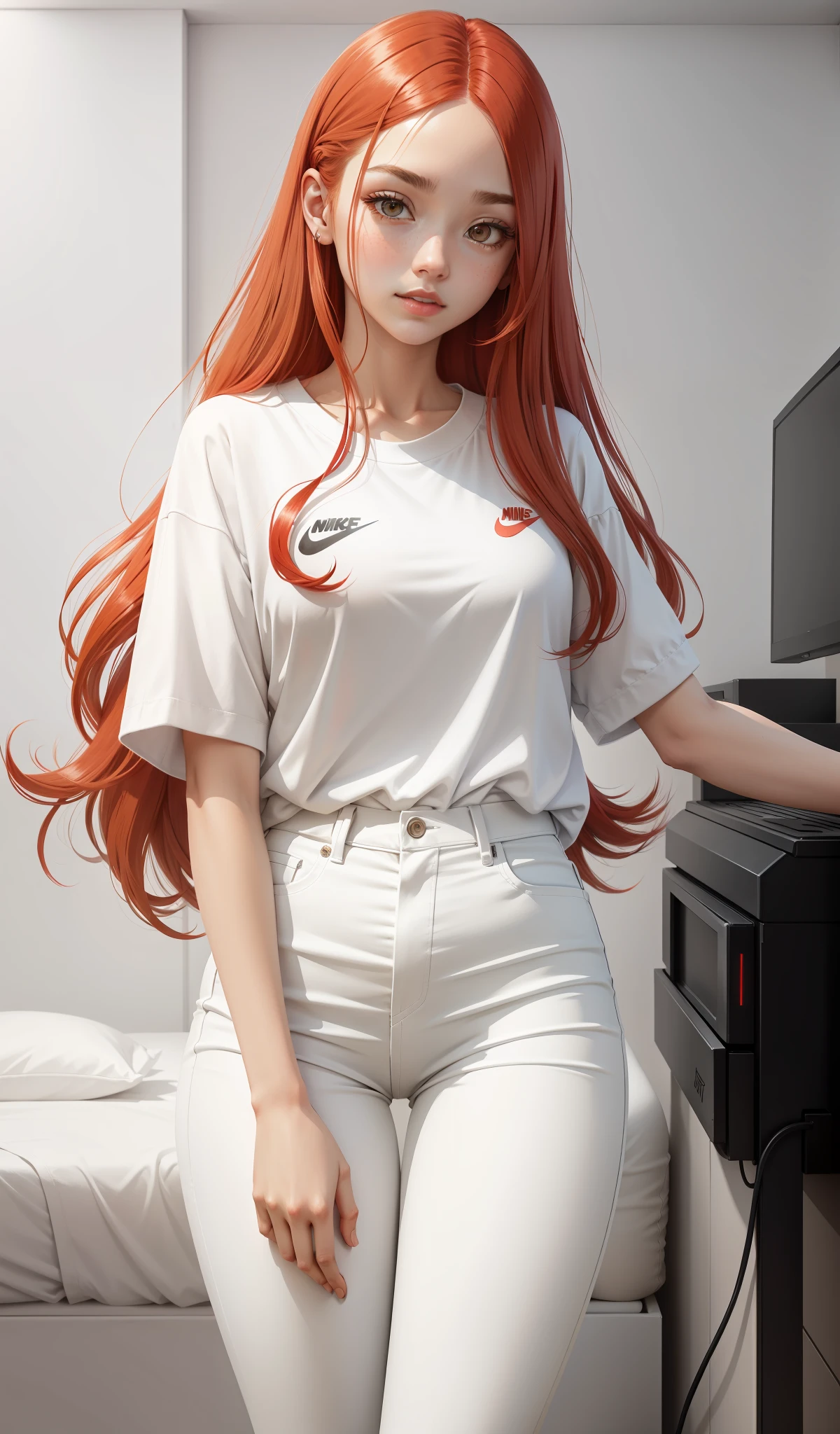 a woman in a white shirt and red pants is playing video game, simple style, wearing elegant casual clothes, muted red, simple clothes, milk and red style, casual clothing style, modern fashion outfit, wearing a fisher , casual modern clothing, inspo, red clothes, red pants, neutral tones, rred and white color scheme, casual business outfit, scary face, nike shoes, 22 years old, adult face, long hair, ((red hair))