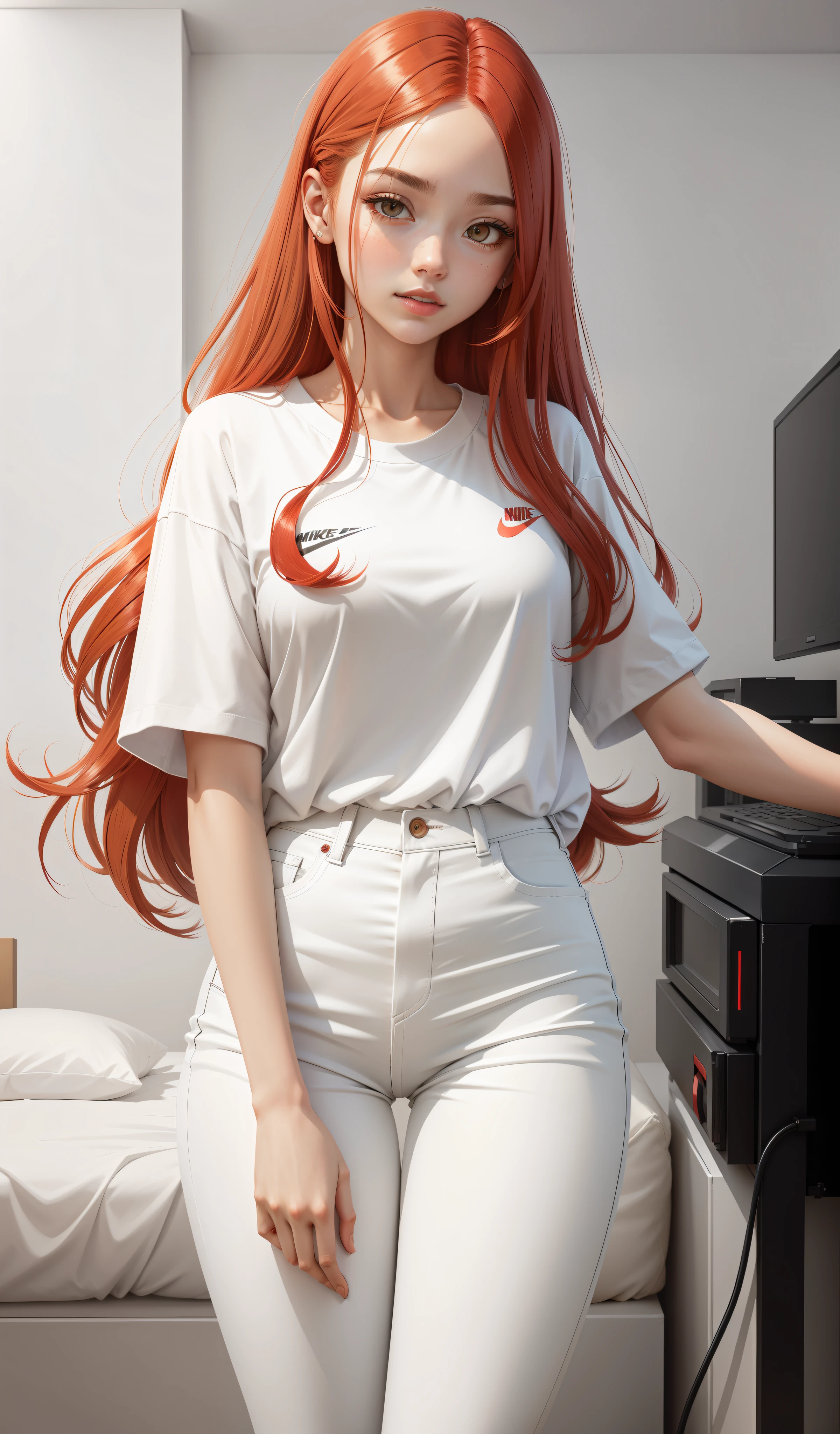 a woman in a white shirt and red pants is playing video game, simple style, wearing elegant casual clothes, muted red, simple clothes, milk and red style, casual clothing style, modern fashion outfit, wearing a fisher , casual modern clothing, inspo, red clothes, red pants, neutral tones, rred and white color scheme, casual business outfit, scary face, nike shoes, 22 years old, adult face, long hair, ((red hair))