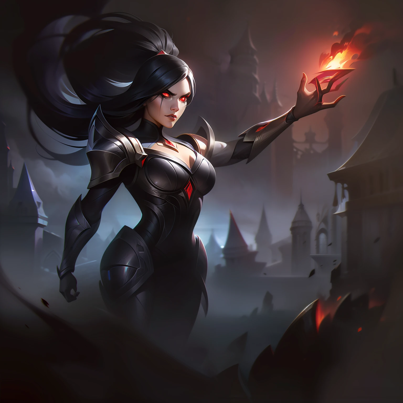 Arcane style (masterpiece, ultra detailed)), concept art, illustration , digital art, 1girl, Alone, Standing, mature woman, pale surrounded by black smoke with ash ((angry face)) Hiding in the destroyed cathedral, ( (Very long hair, black hair)),red eyes,((red iris and pupil)), knight, Black Knight Armor, ((incredibly beautiful)), Beautiful eyes, Dynamic pose, Battle-ready posture, Elegant installation, Red Ash, Dark Theme Volumetric Black Dense Smoke, Black Smoke with Ash, Dark Theme, HDR, Bloom, Glowing, Red Eye, Dimming, Backlight, Cinematic Lighting, Soft Lighting, Natural Lighting, Dramatic Lighting, Dark Lighting, (Ornate), Intricate, Highly Detailed, Hyper-Real, Trending Art Station, Award Winning, Mesmerizing, Elegant, RAW Photo, Absurd, High Resolutions, 4k, Studio Quality, Octane, 8k UHD, League Of Legends Close Up, Splash Art, &, Ionia, Noxian Armor, Anime - Style Artwork of a Warrior Holding a Glowing Torch, from League of Legends, Iconic Character Splash Art, Riot Games Concept Art, extremely detailed artgerm, League of Legends Concept Art no cleavage, no shoulder pads
